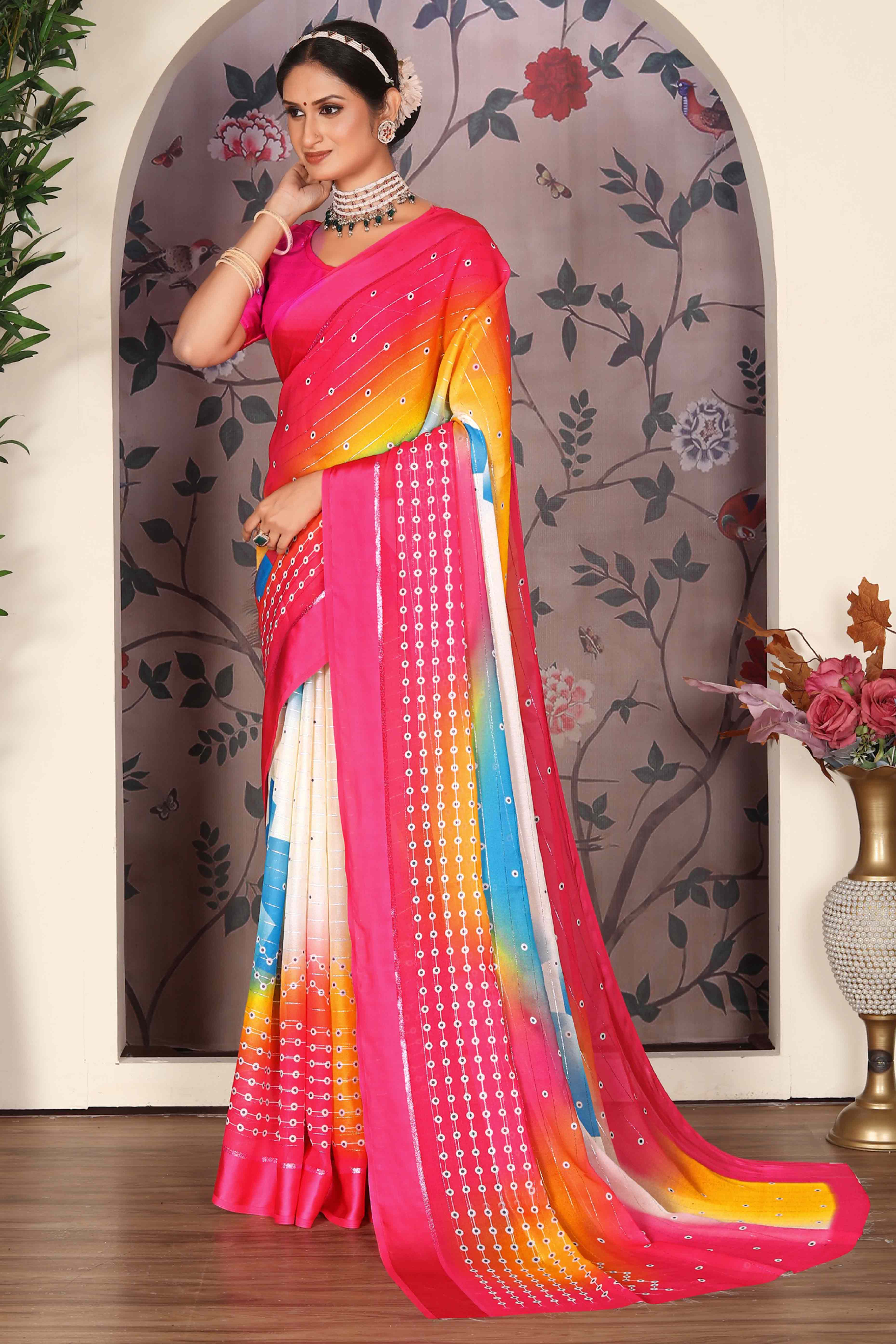 Multicolor Zari Weaving With Printed Chiffon Saree