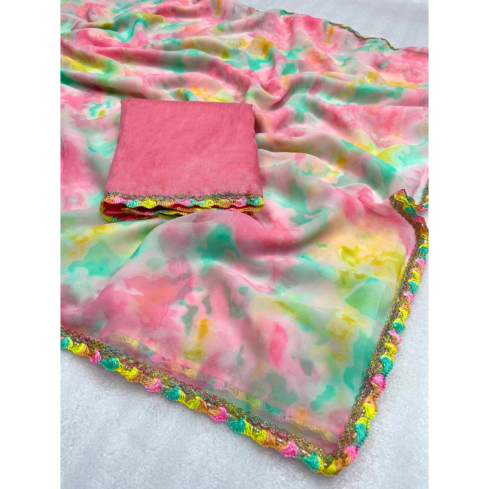 Peach Abstract Printed Georgette Saree