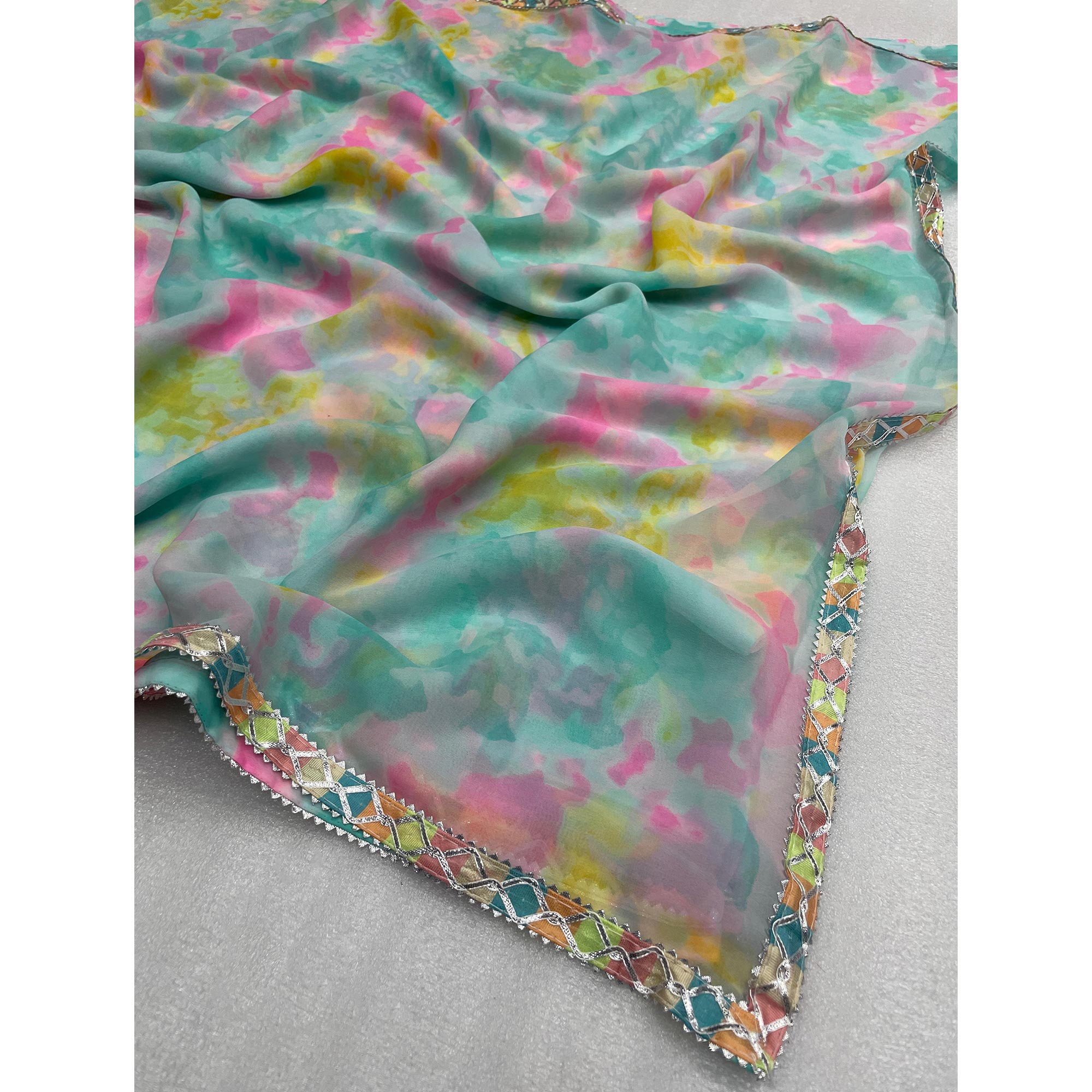 Rama Blue Abstract Printed Georgette Saree