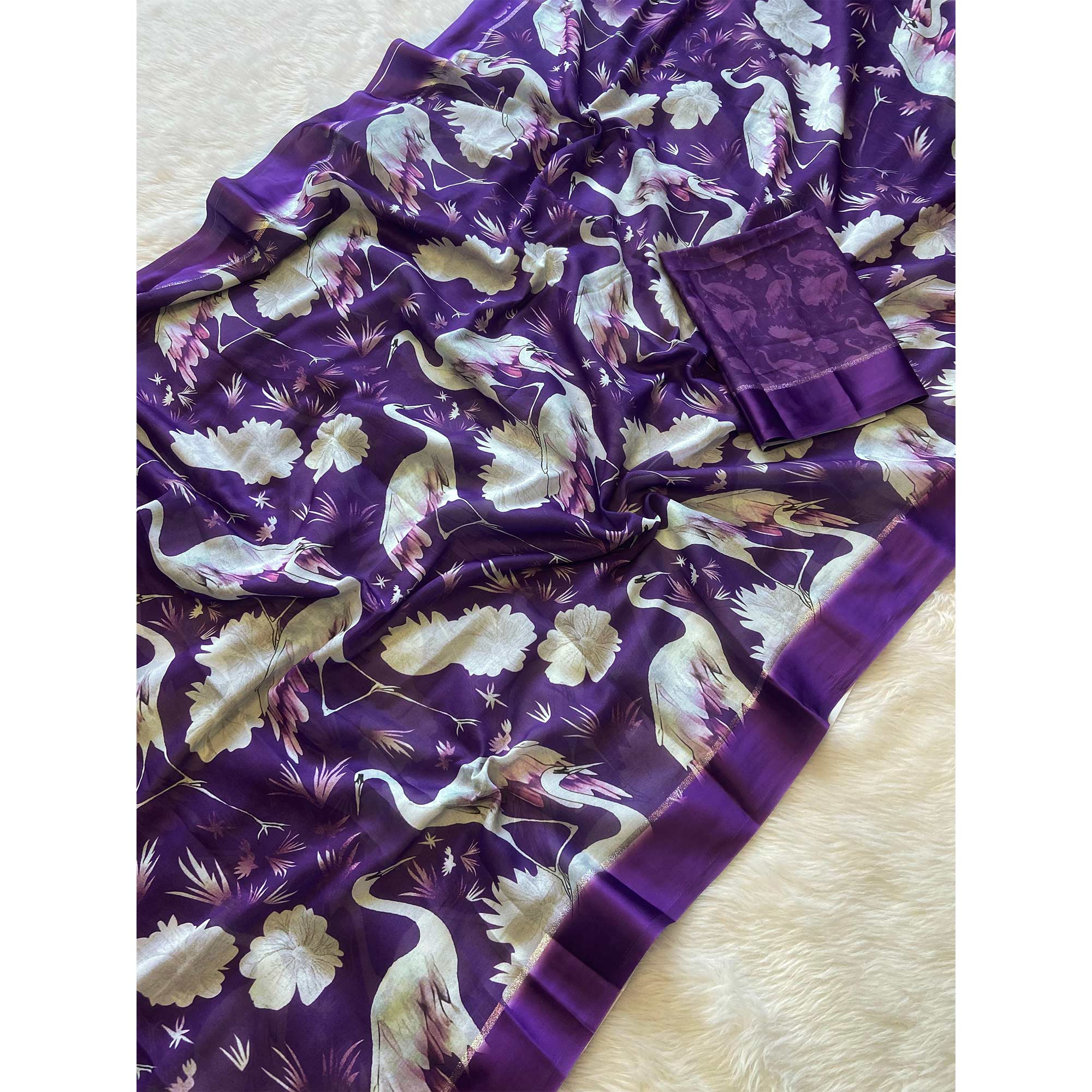 Purple Printed Moss Chiffon Saree With Zari Woven Border