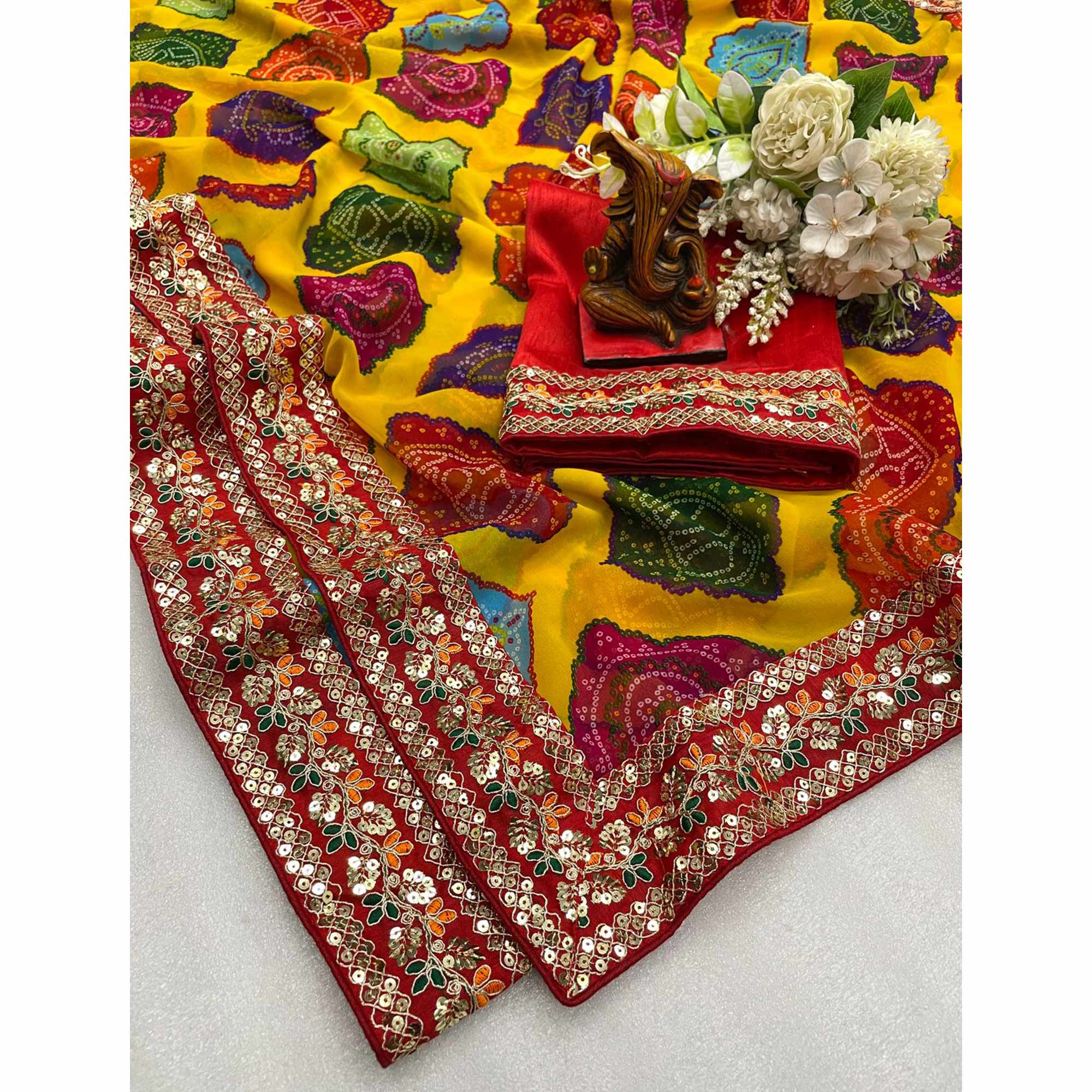 Yellow Leheriya Printed Georgette Saree