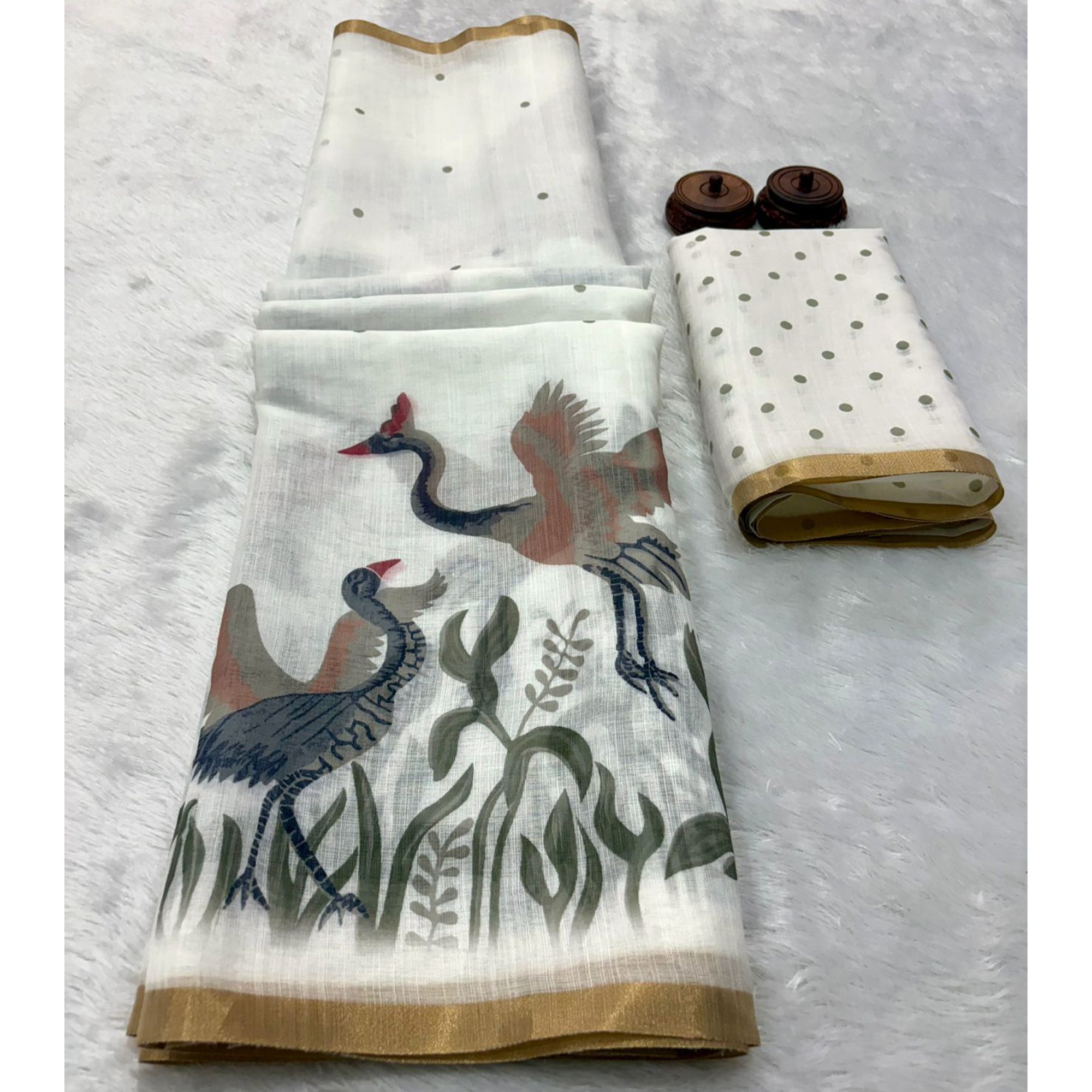 Off White Pure Linen Saree Showcasing Handprinted Patterns and Zari Finish