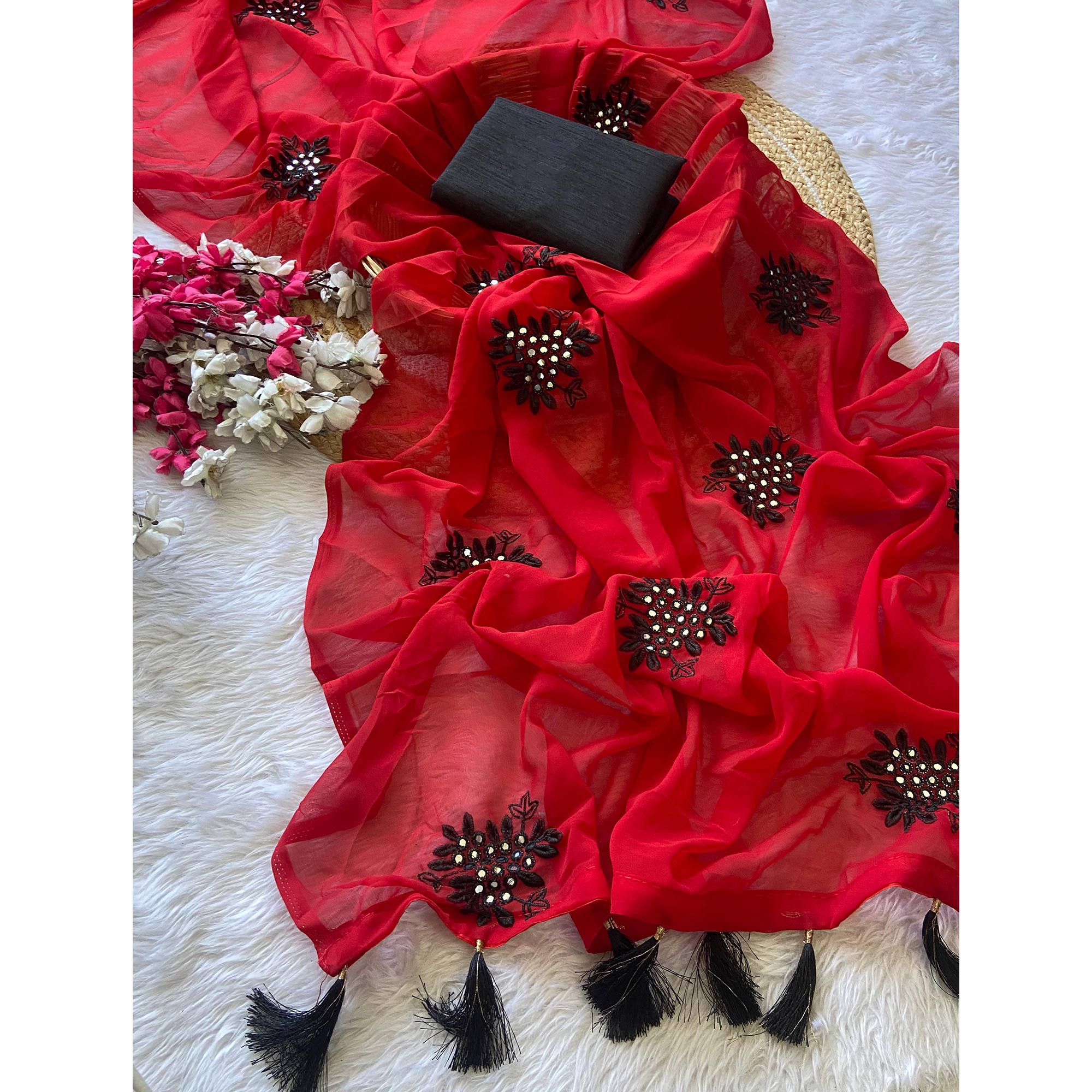 Red Floral Embroidered Vichitra Silk Saree