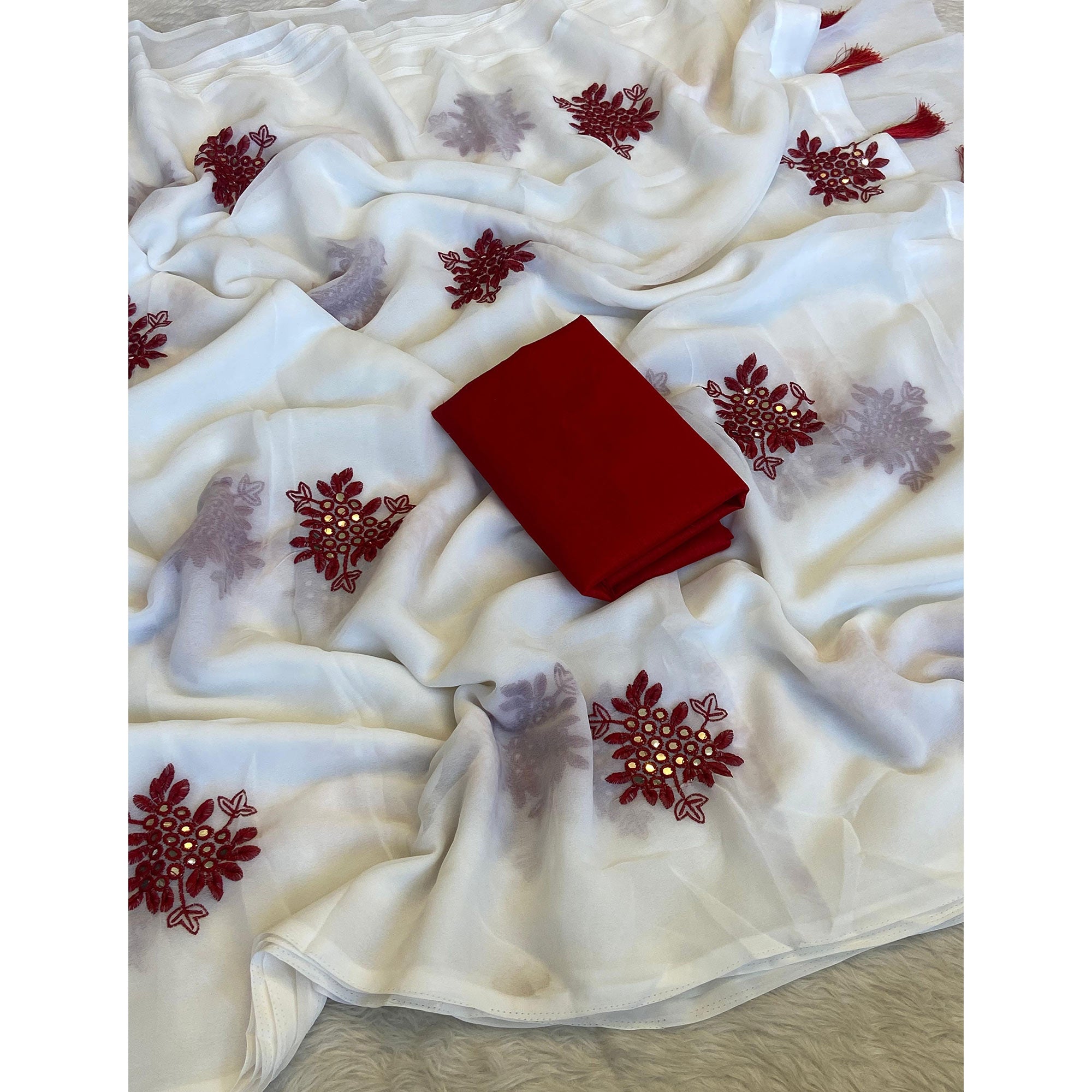 White Floral Embroidered Vichitra Silk Saree