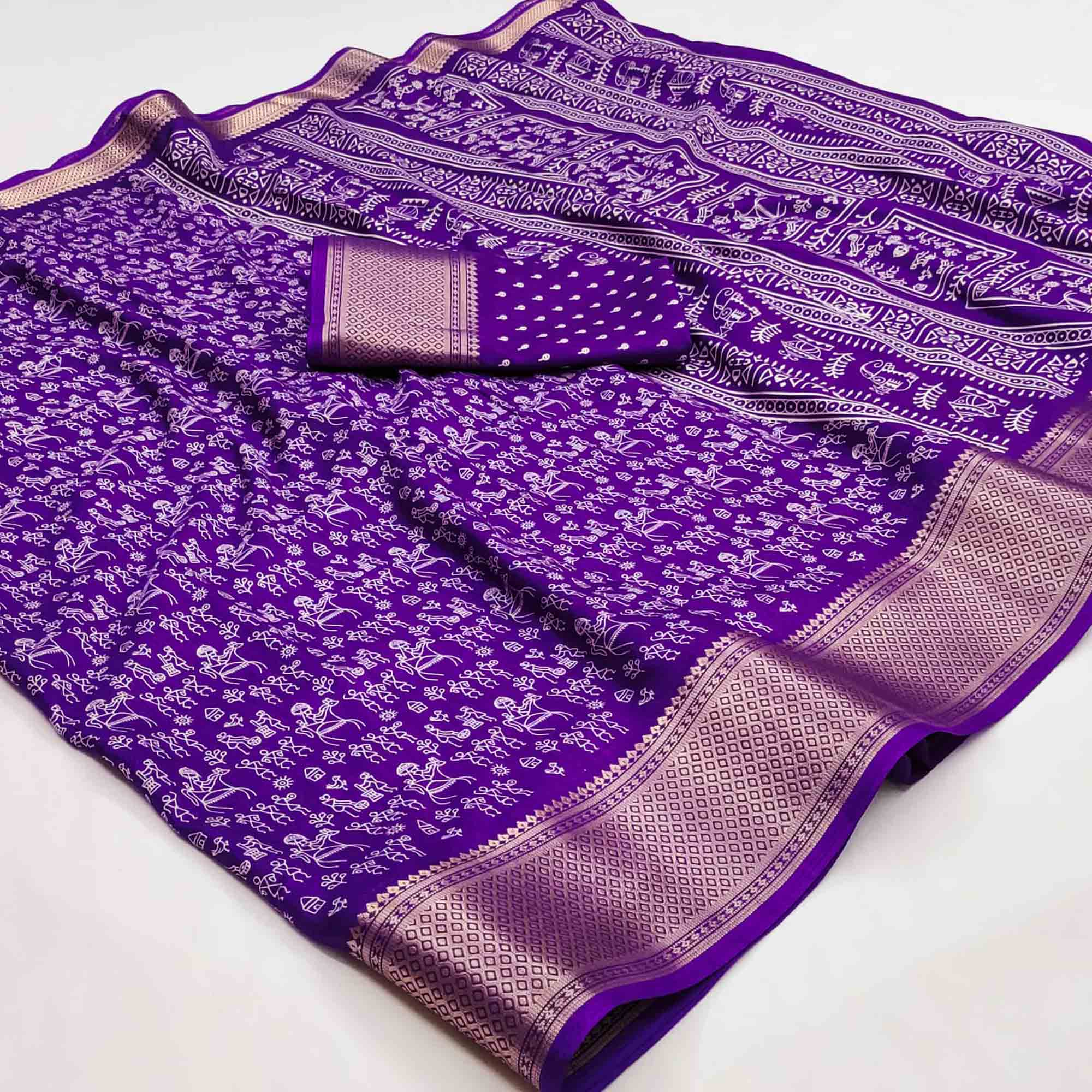 Lavender Dola Silk Saree with Warli Prints and Golden Zari Border