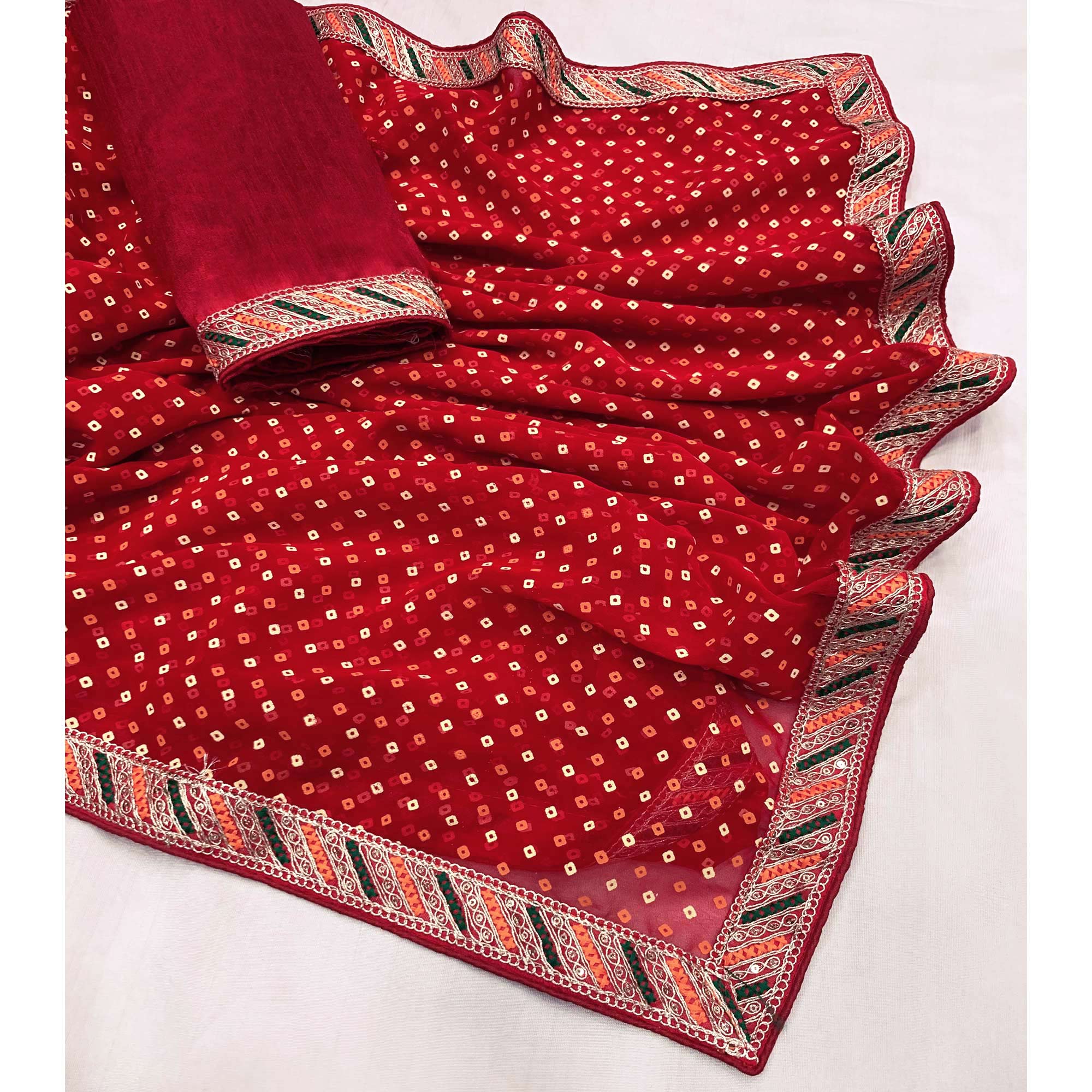 Red Bandhani Printed With Sequins Border Georgette Saree