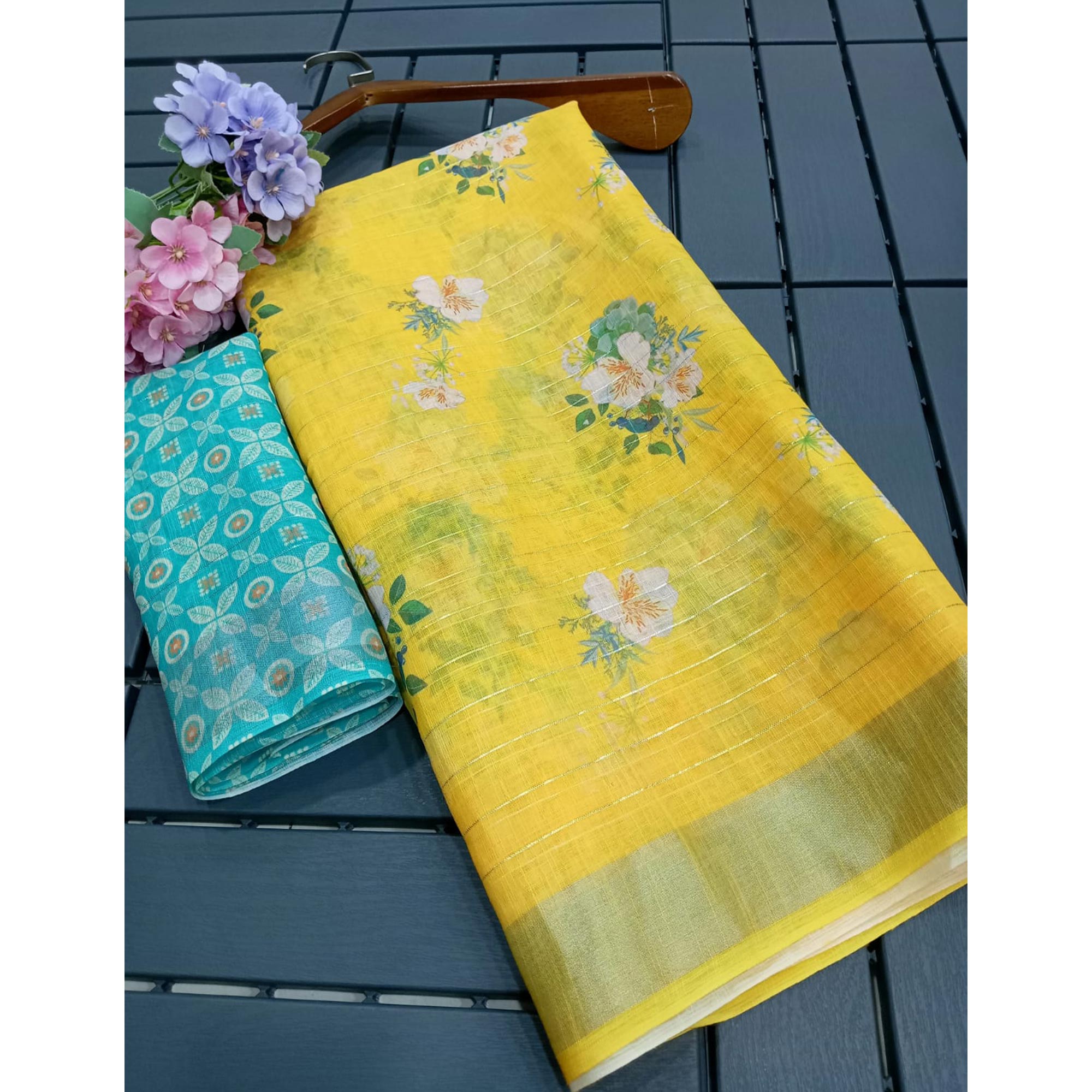 Yellow Digital Printed With Zari Work Linen Cotton Saree