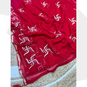 Festive Red Georgette Saree Enhanced with Fine Swastik Embroidered Motifs
