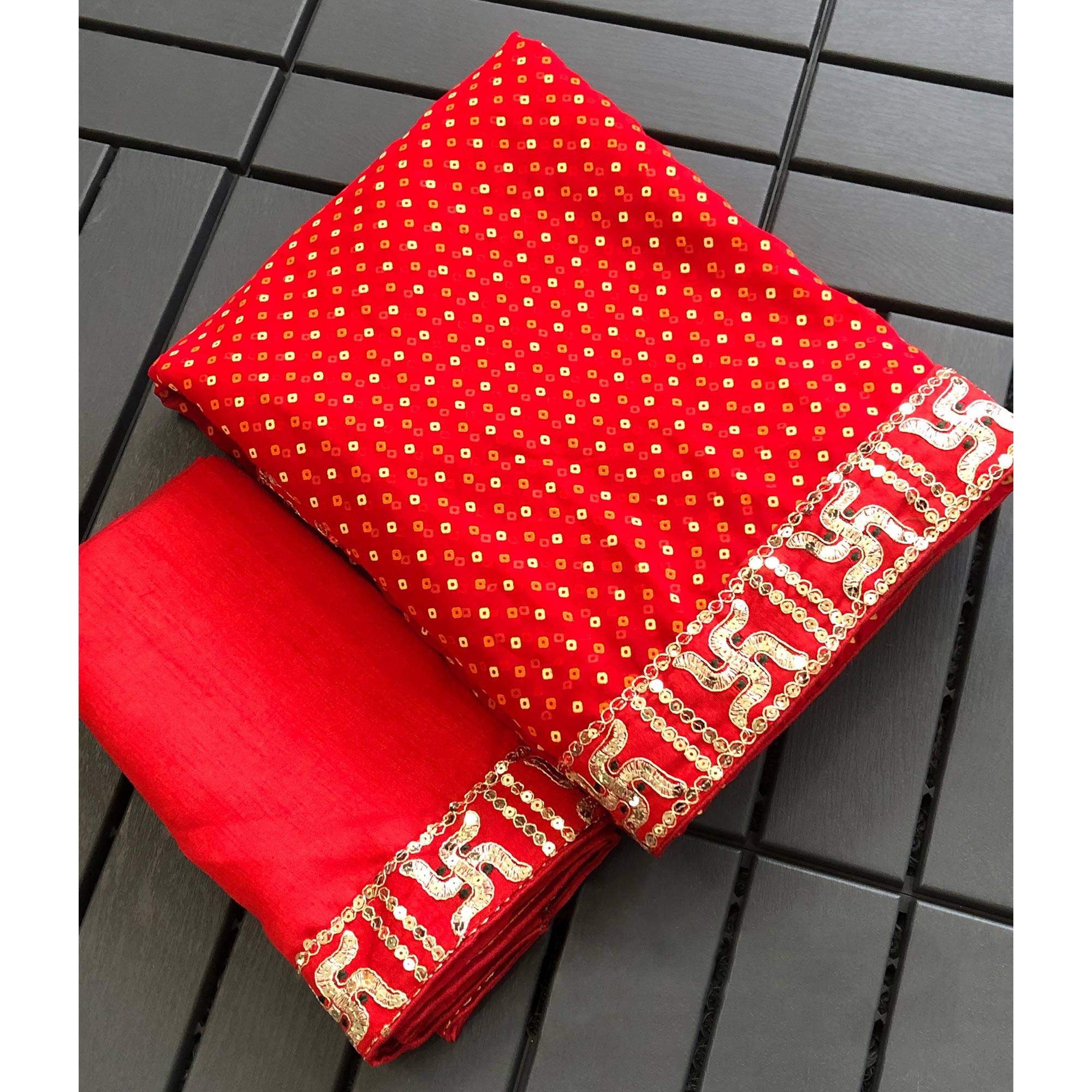 Red Bandhani Printed Georgette Saree