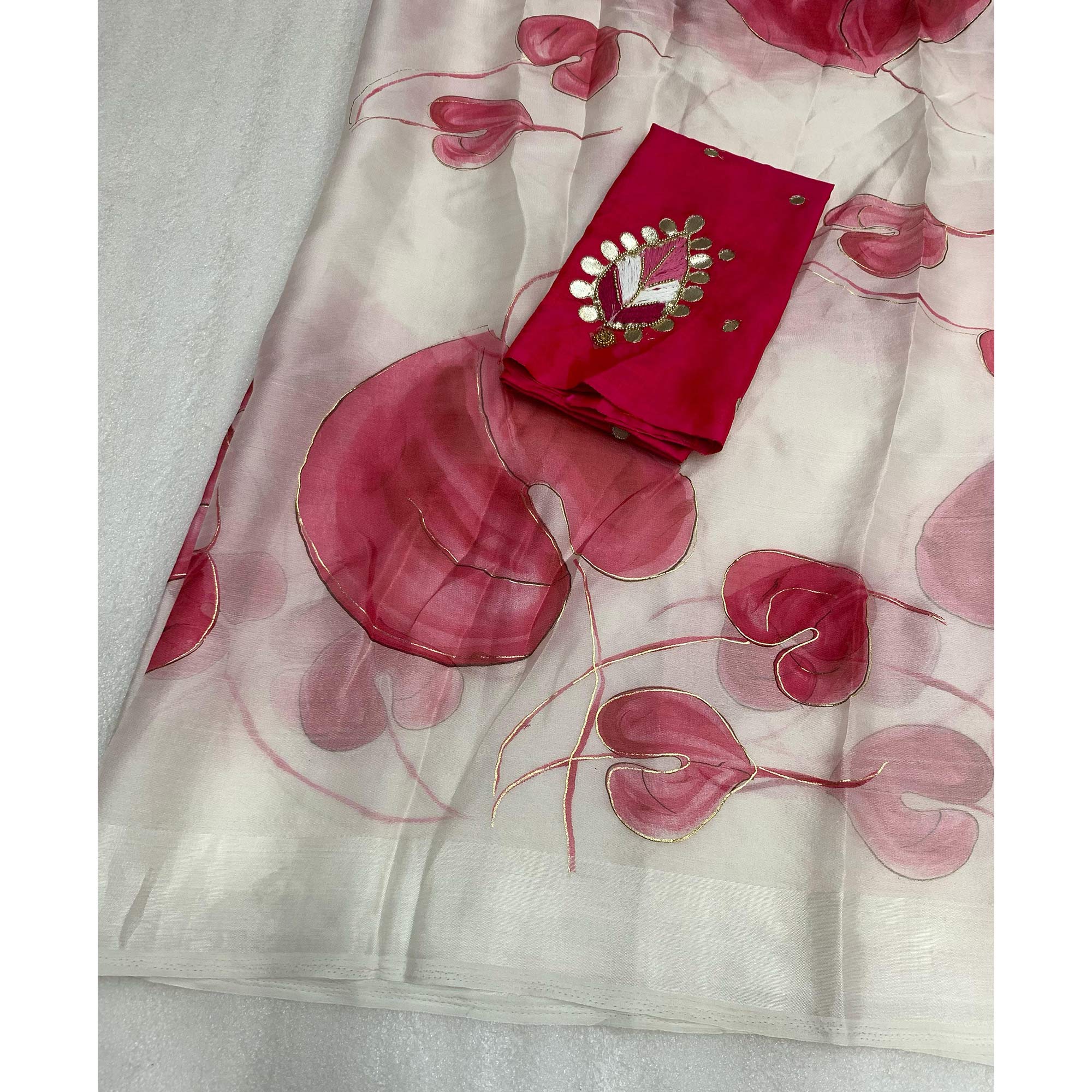 White & Pink Floral Foil Printed Organza Saree