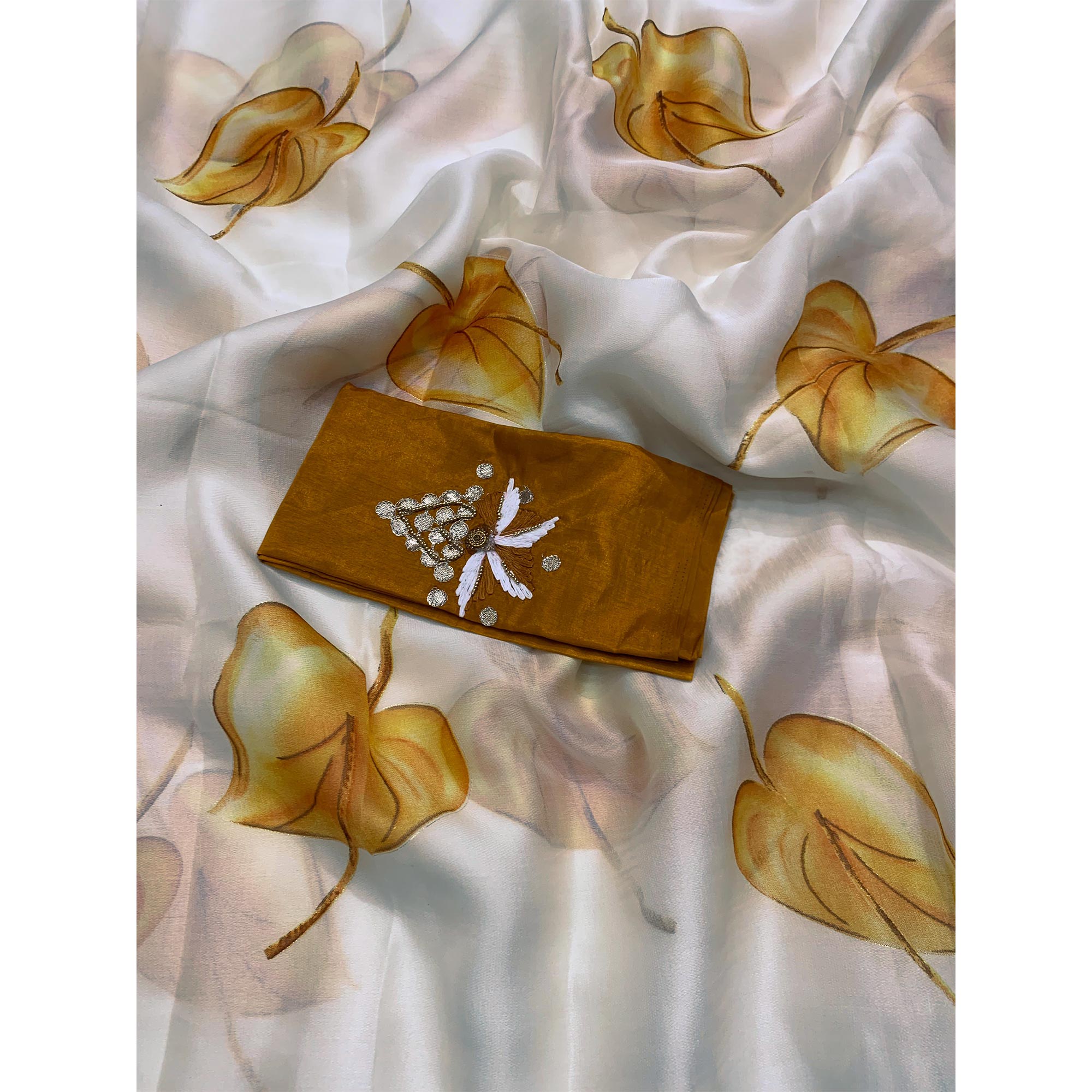 White Foil Printed Organza Saree