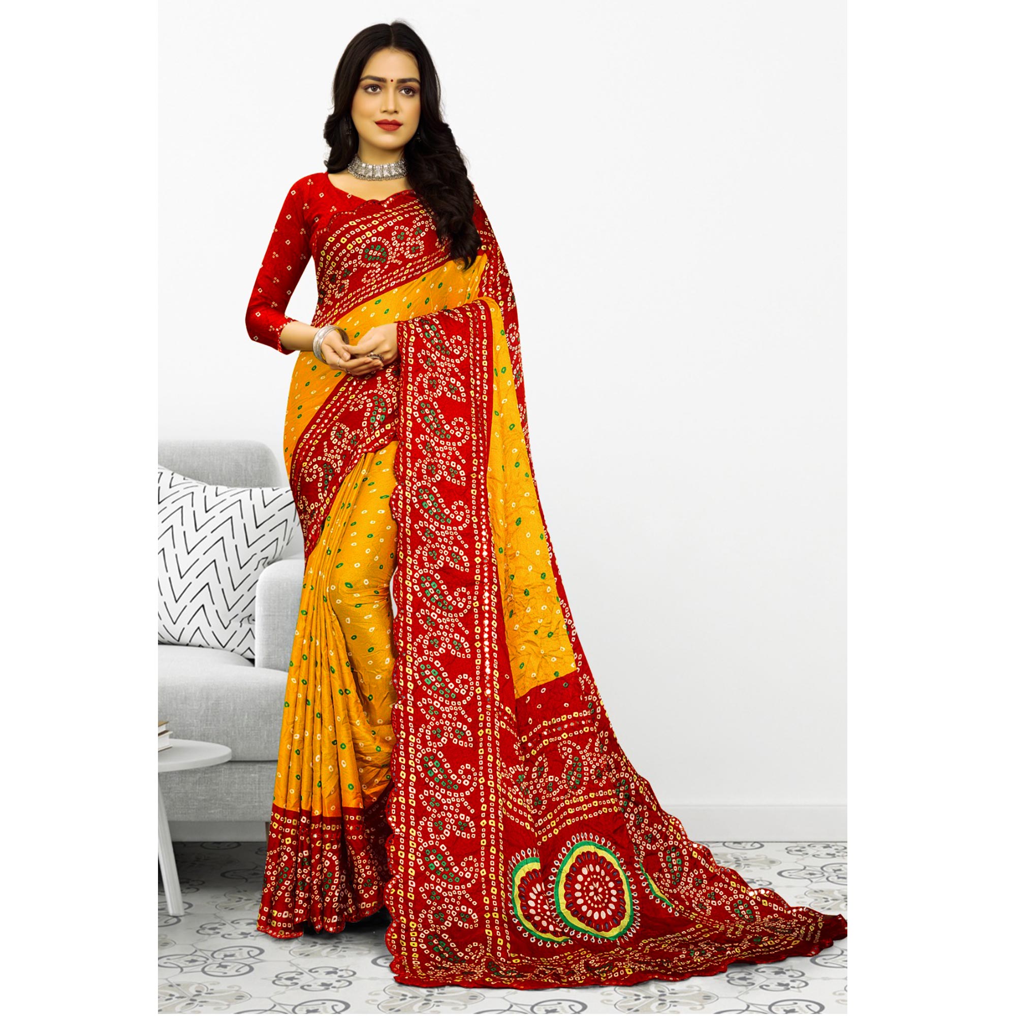 Yellow & Red Bandhani Printed Chiffon Saree With Mirror Border