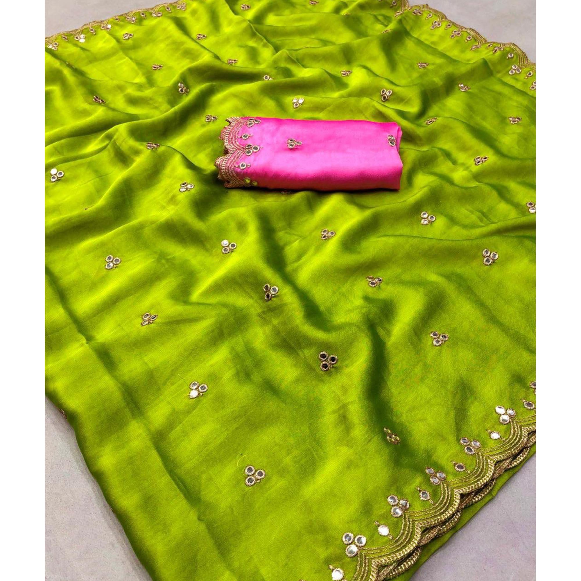Green Mirror Embroidery Work Georgette Saree