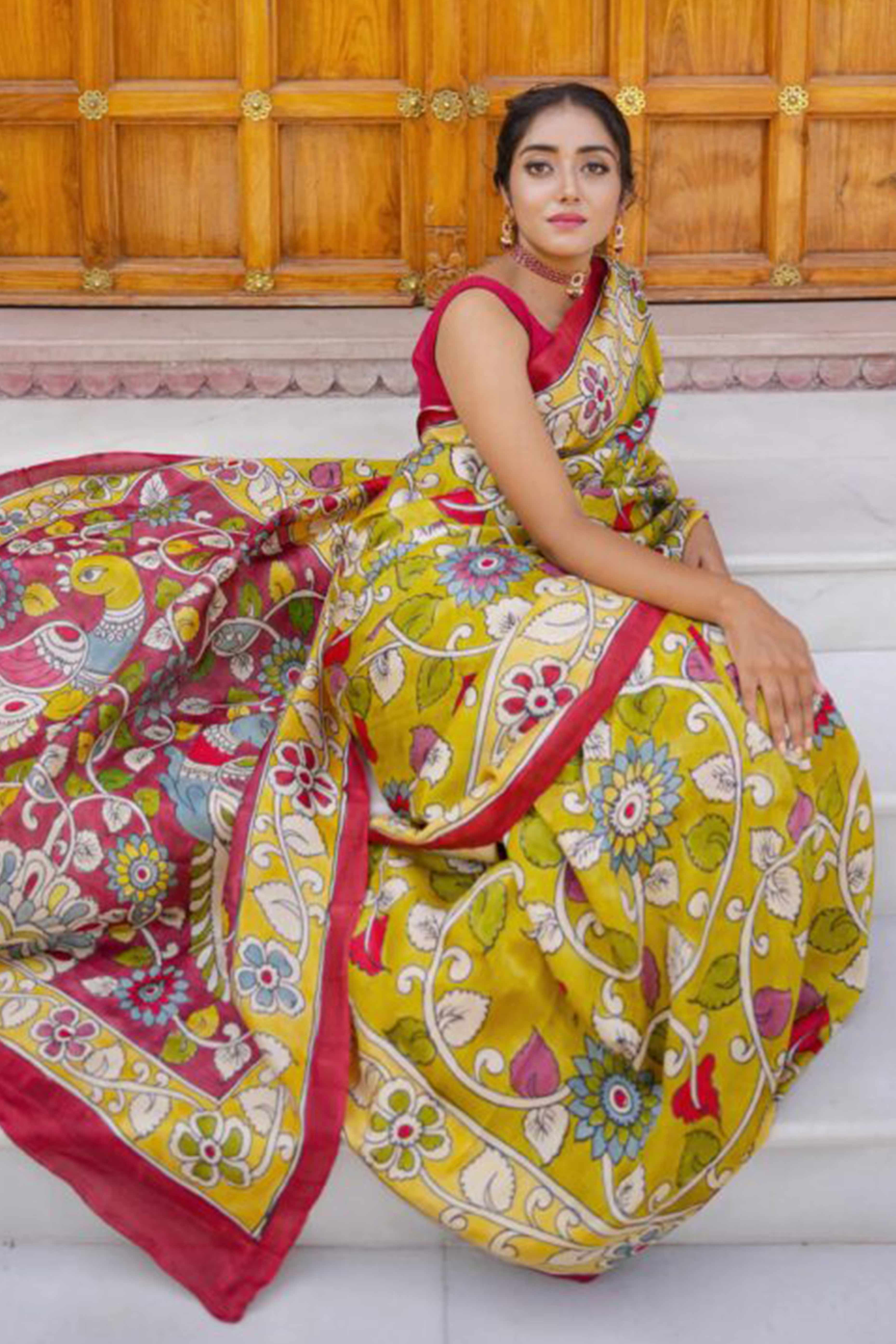 Mustard Kalamkari Printed Linen Saree
