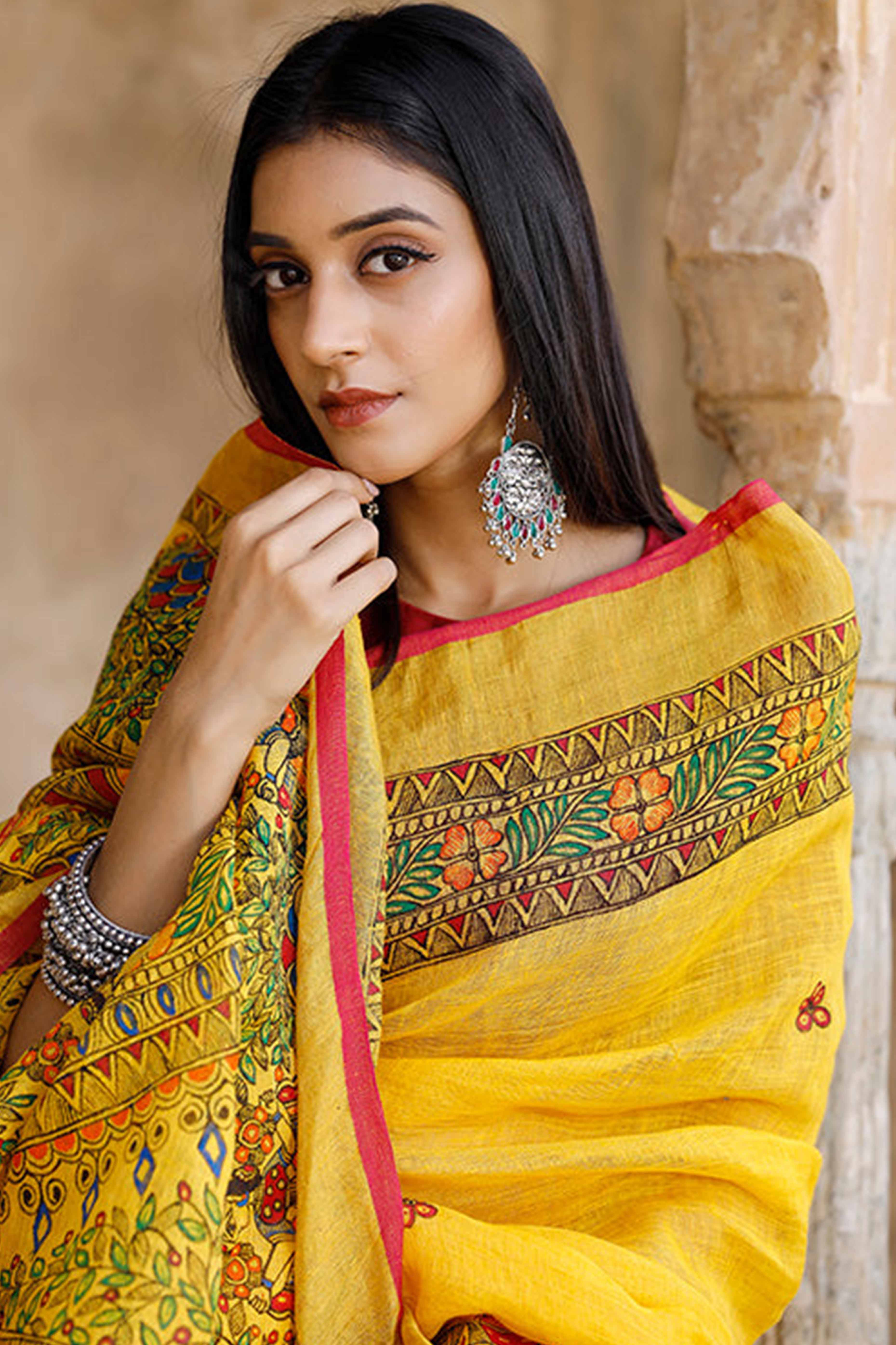 Yellow Kalamkari Printed Linen Saree