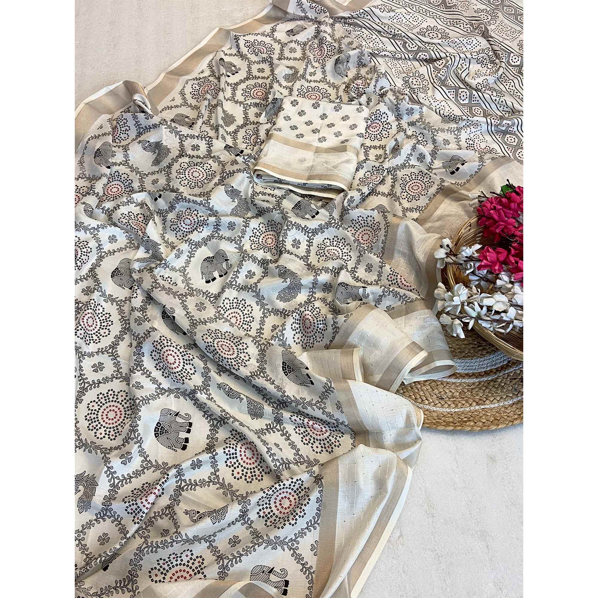 Cream Traditional Warli Print Dola Silk Saree Accented with Sequins Border