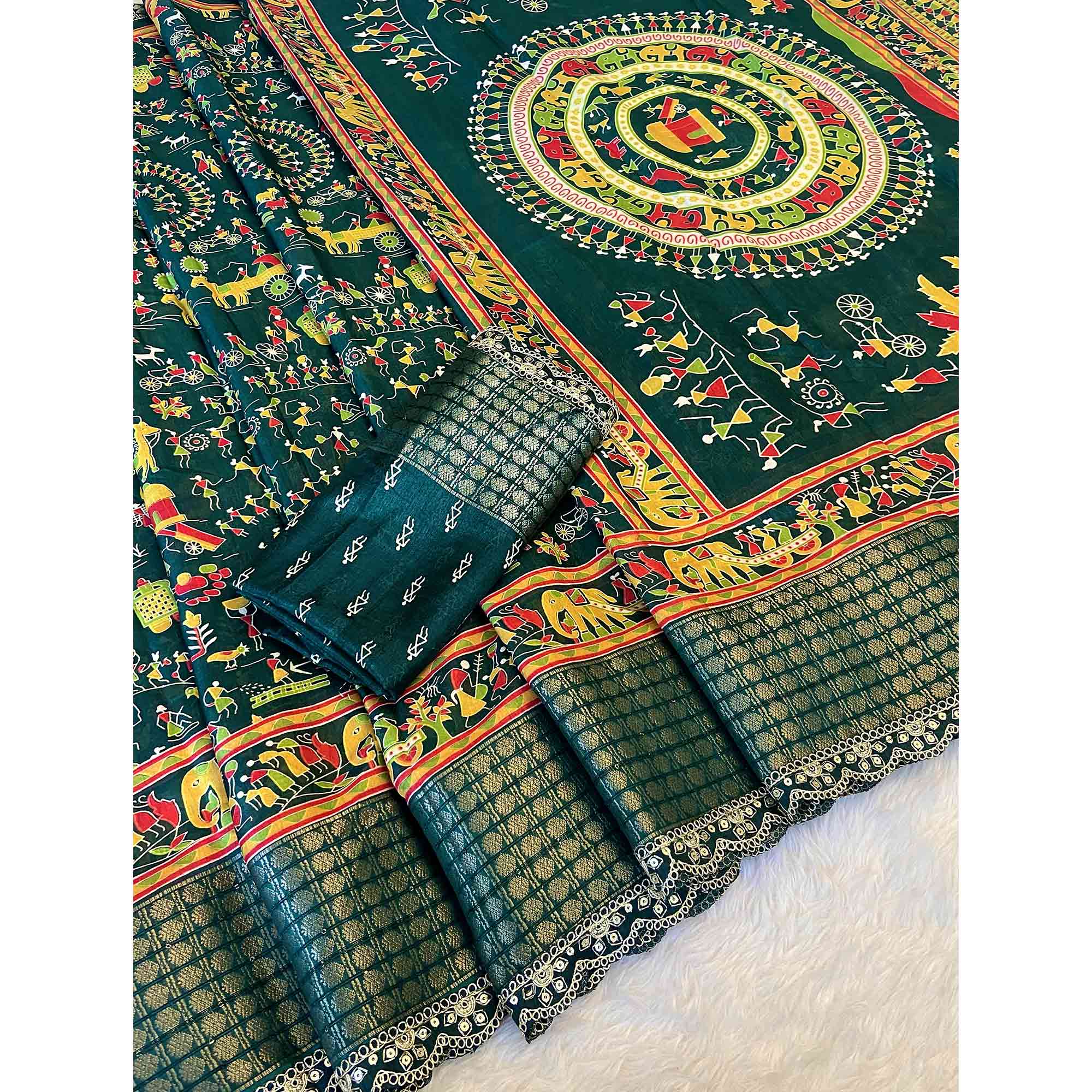 Green Warli Printed Dola Silk Saree With Sequins Border