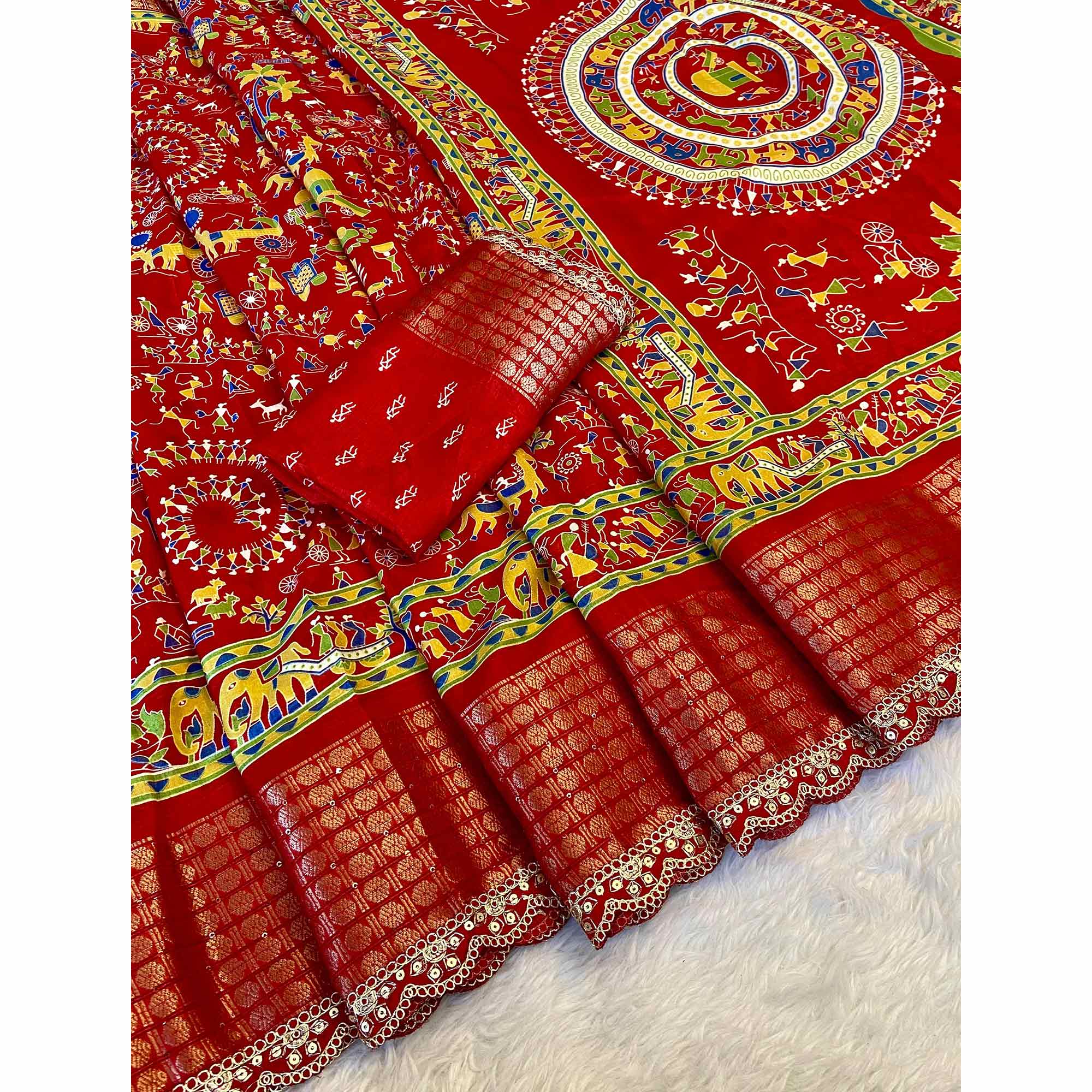 Red Warli Printed Dola Silk Saree With Sequins Border