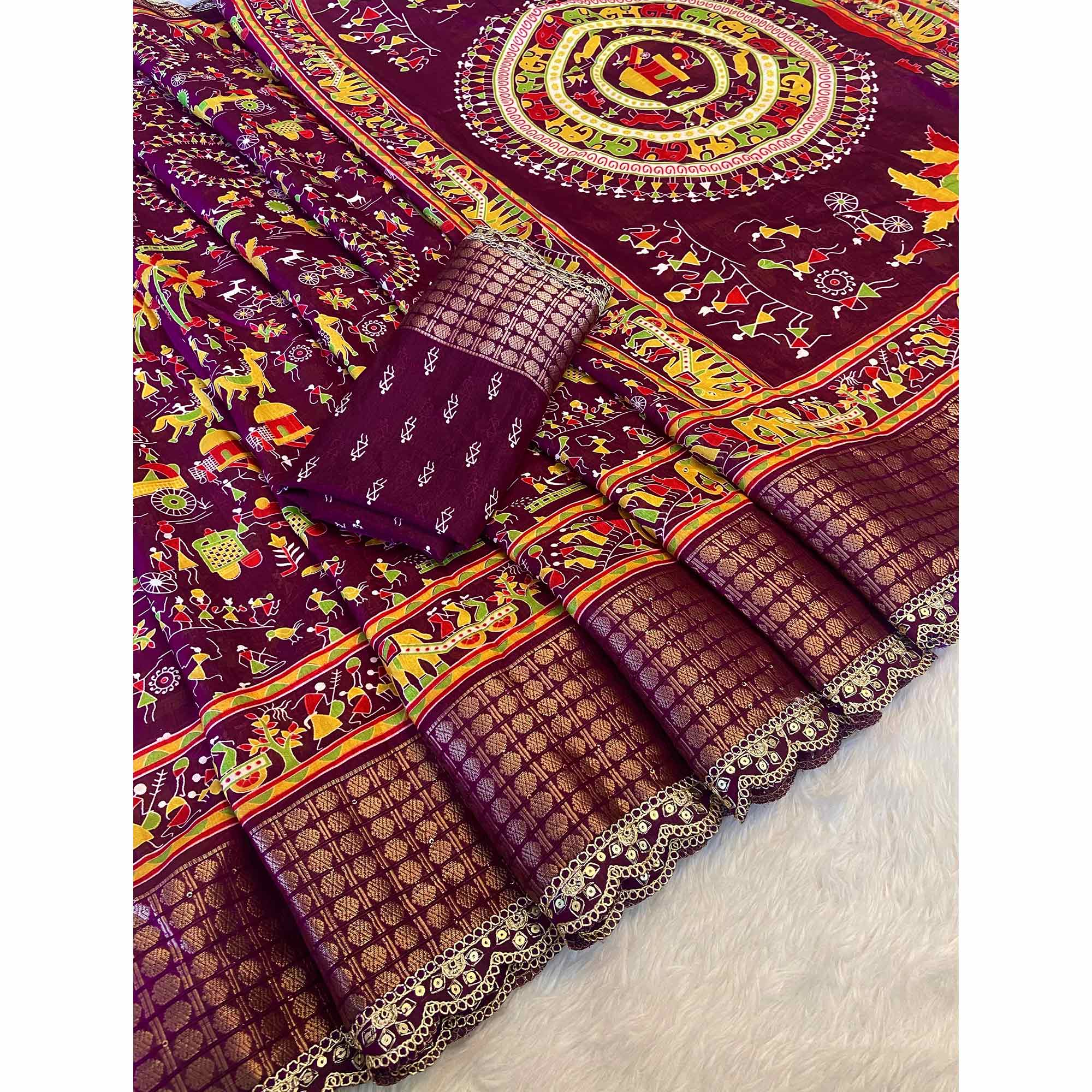 Wine Warli Printed Dola Silk Saree With Sequins Border
