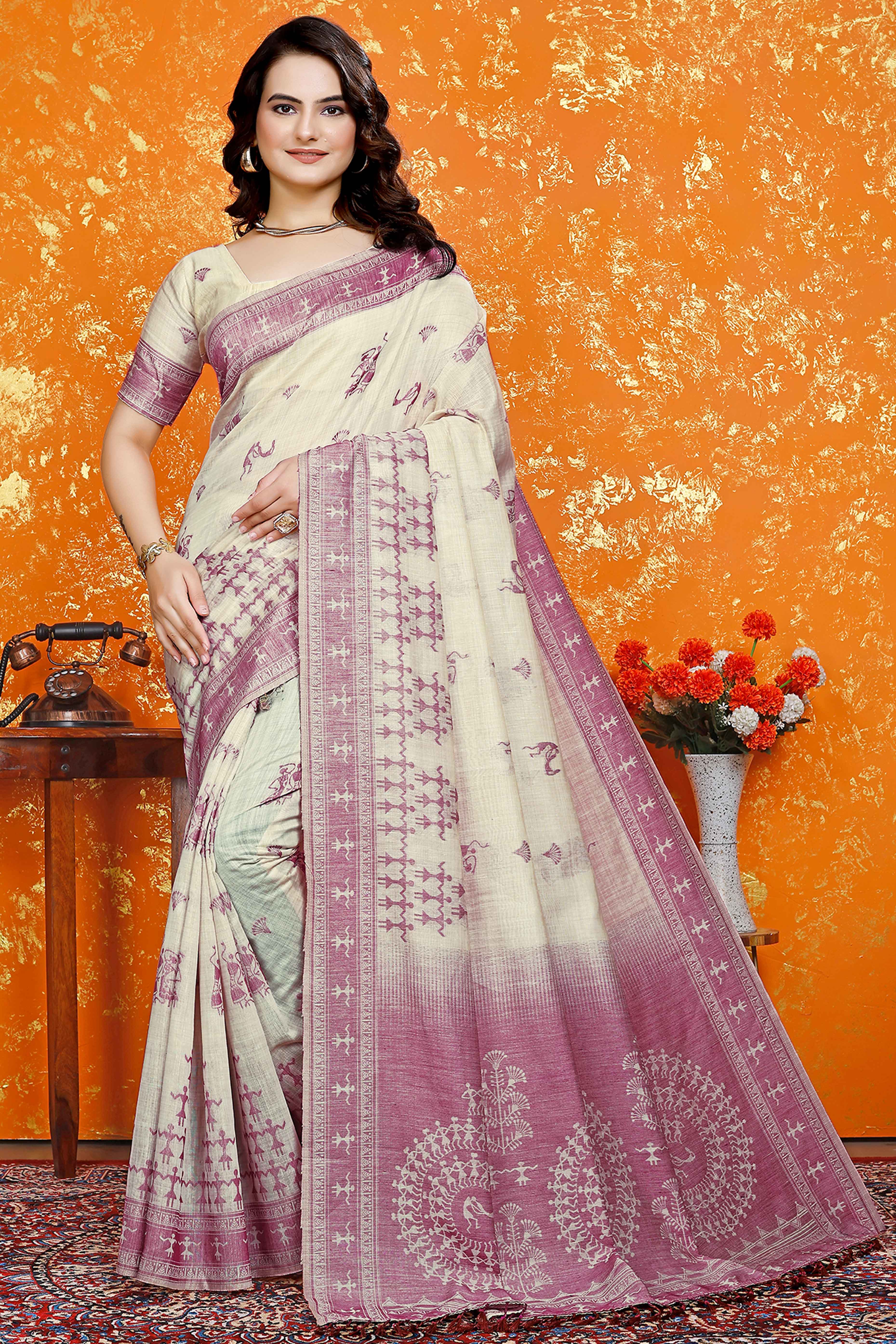 Beige & Wine Meenakari Crafted Soft Muga Cotton Saree Designed for Elegant Festive Styling