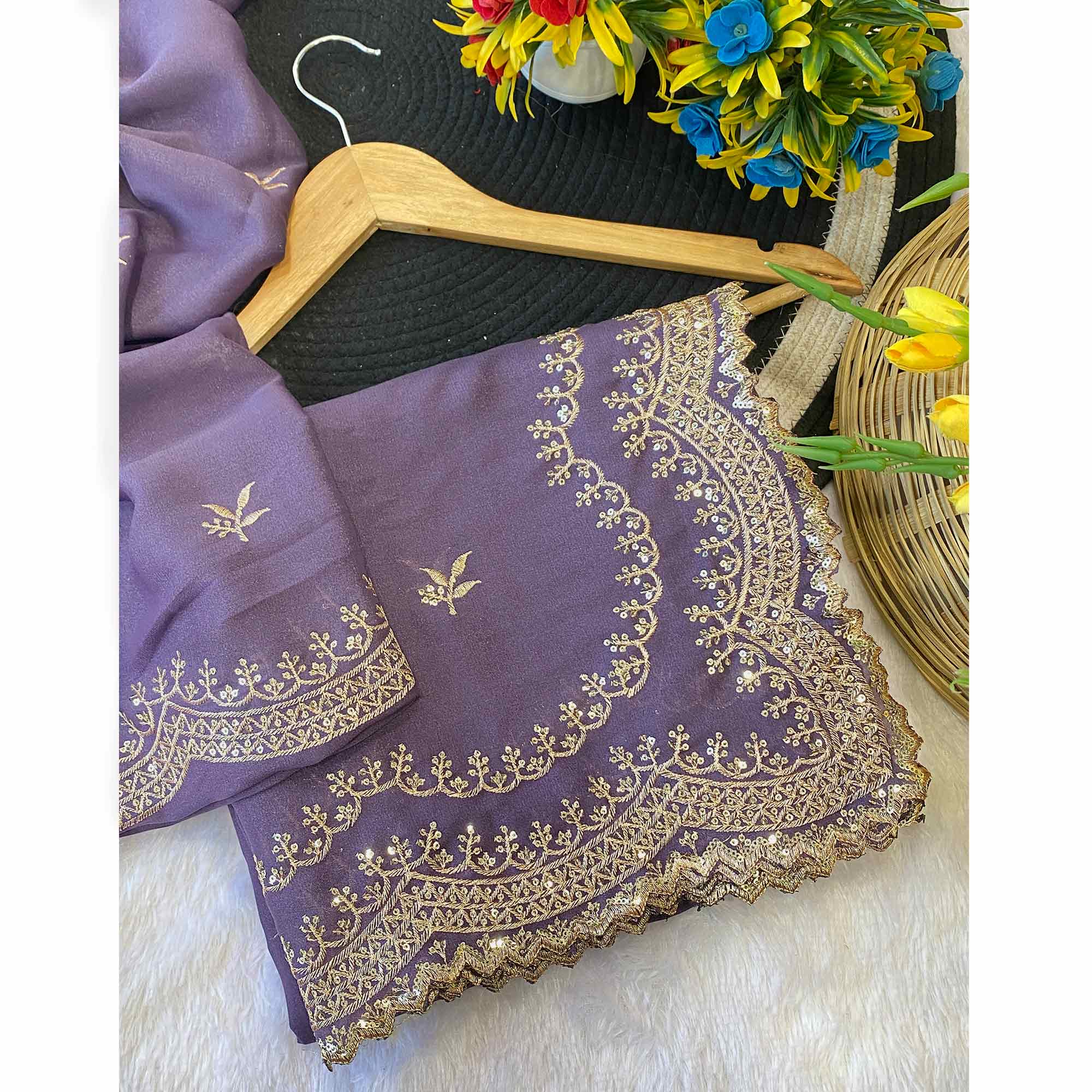 Lavender Embroidered Star Georgette Saree Designed for Stylish Party Wear