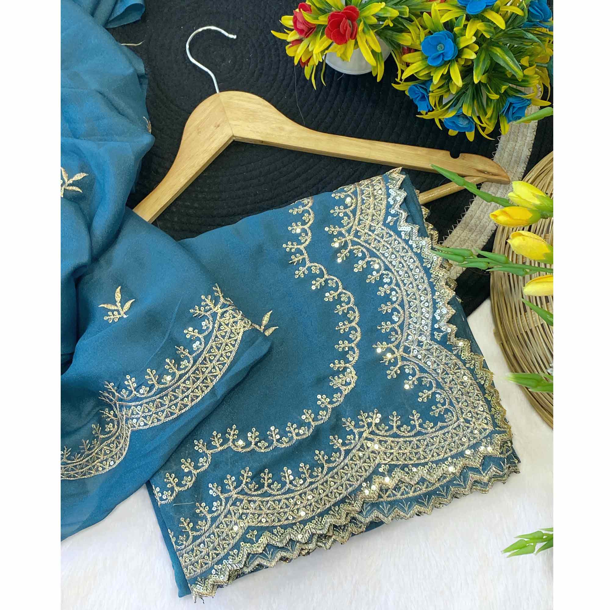Teal Embroidered Star Georgette Saree Designed for Stylish Party Wear
