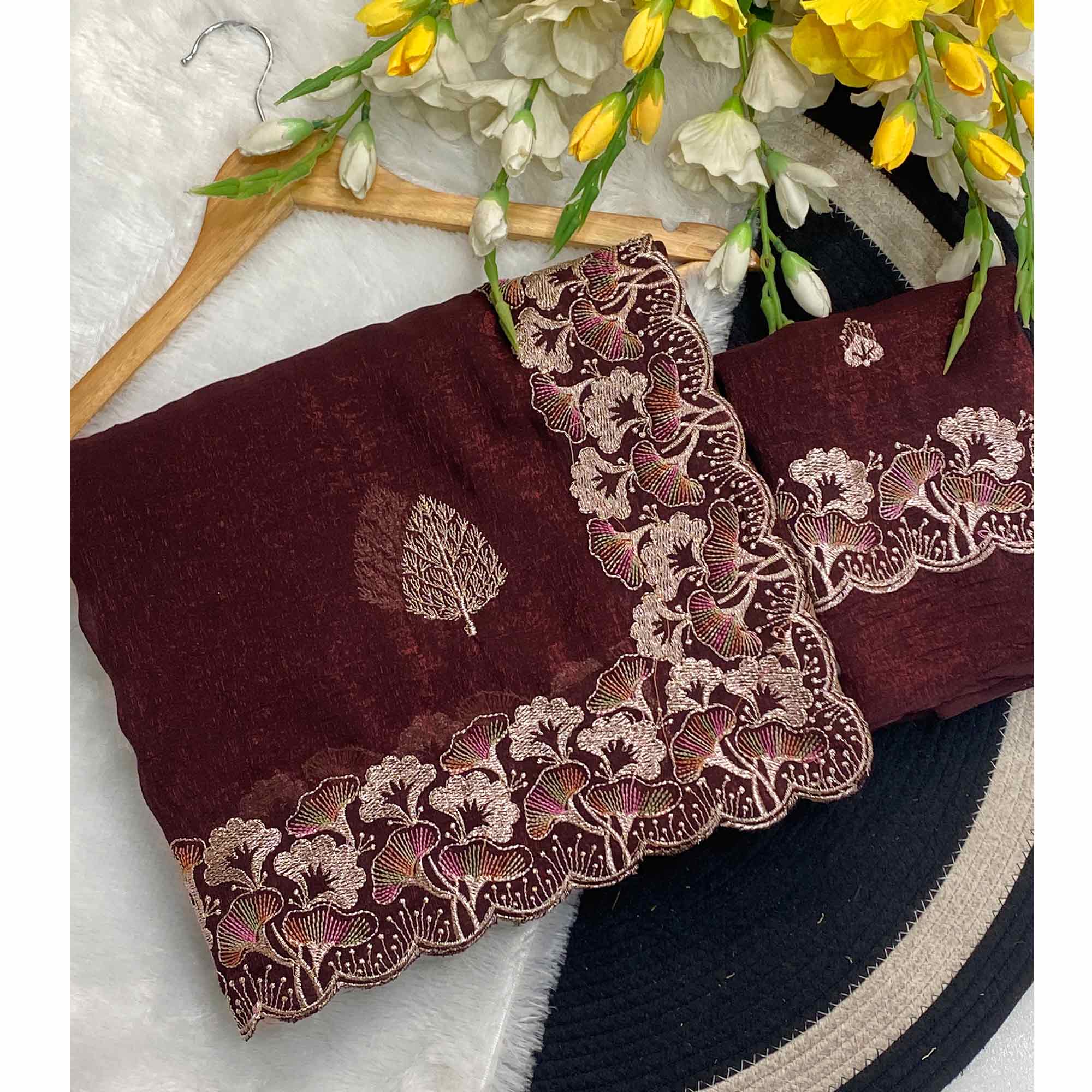 Maroon Embroidered Thread Work Saree in Flowy Chiffon Silk