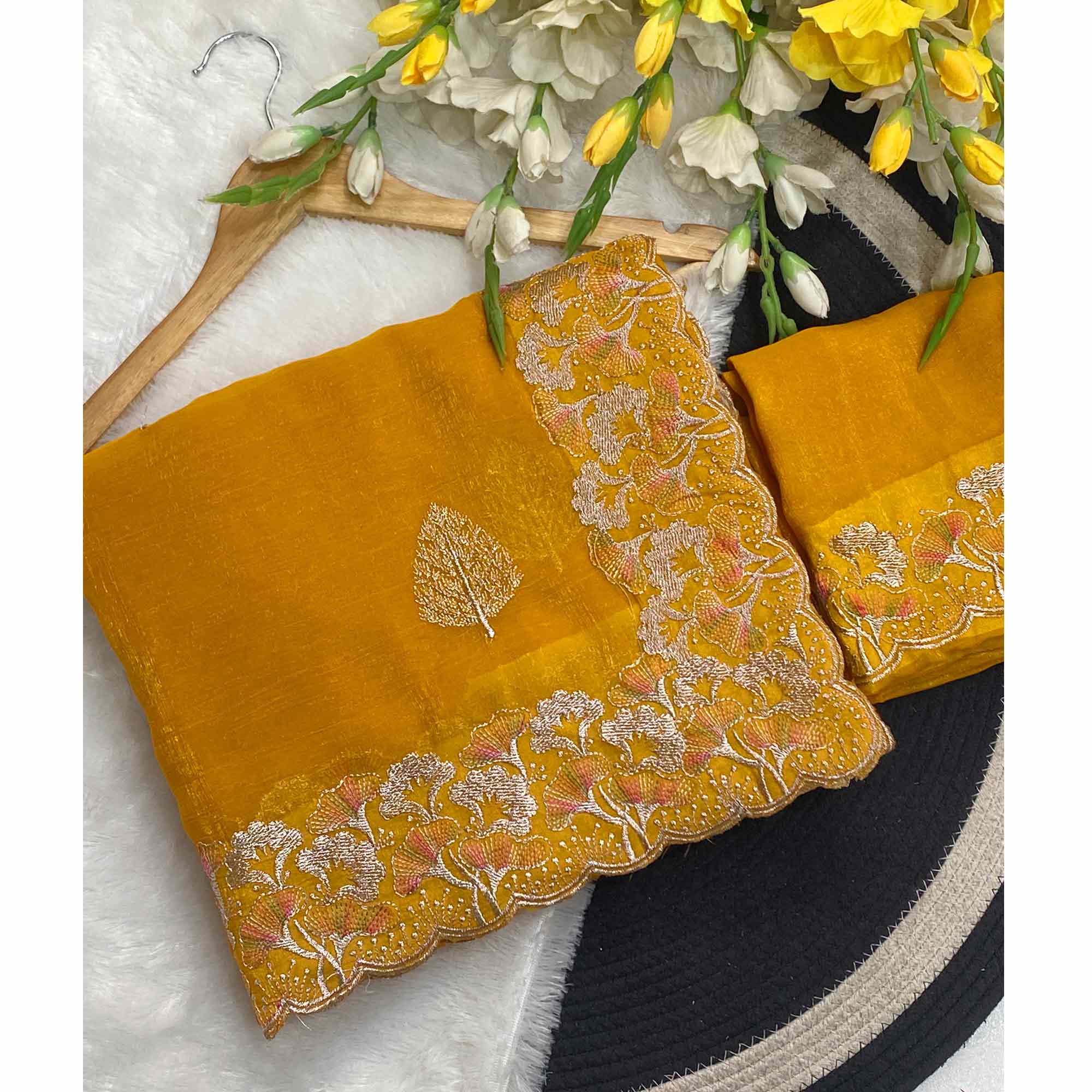 Mustard Embroidered Thread Work Saree in Flowy Chiffon Silk