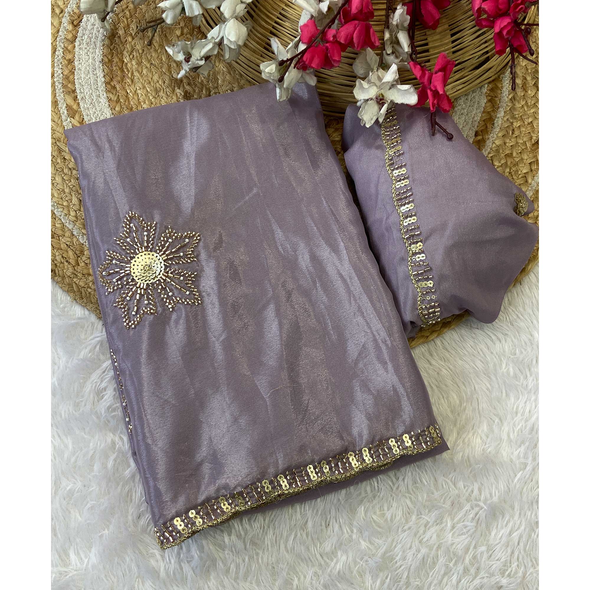 Lavender Partywear Saree in Crepe with Intricate Stone Work