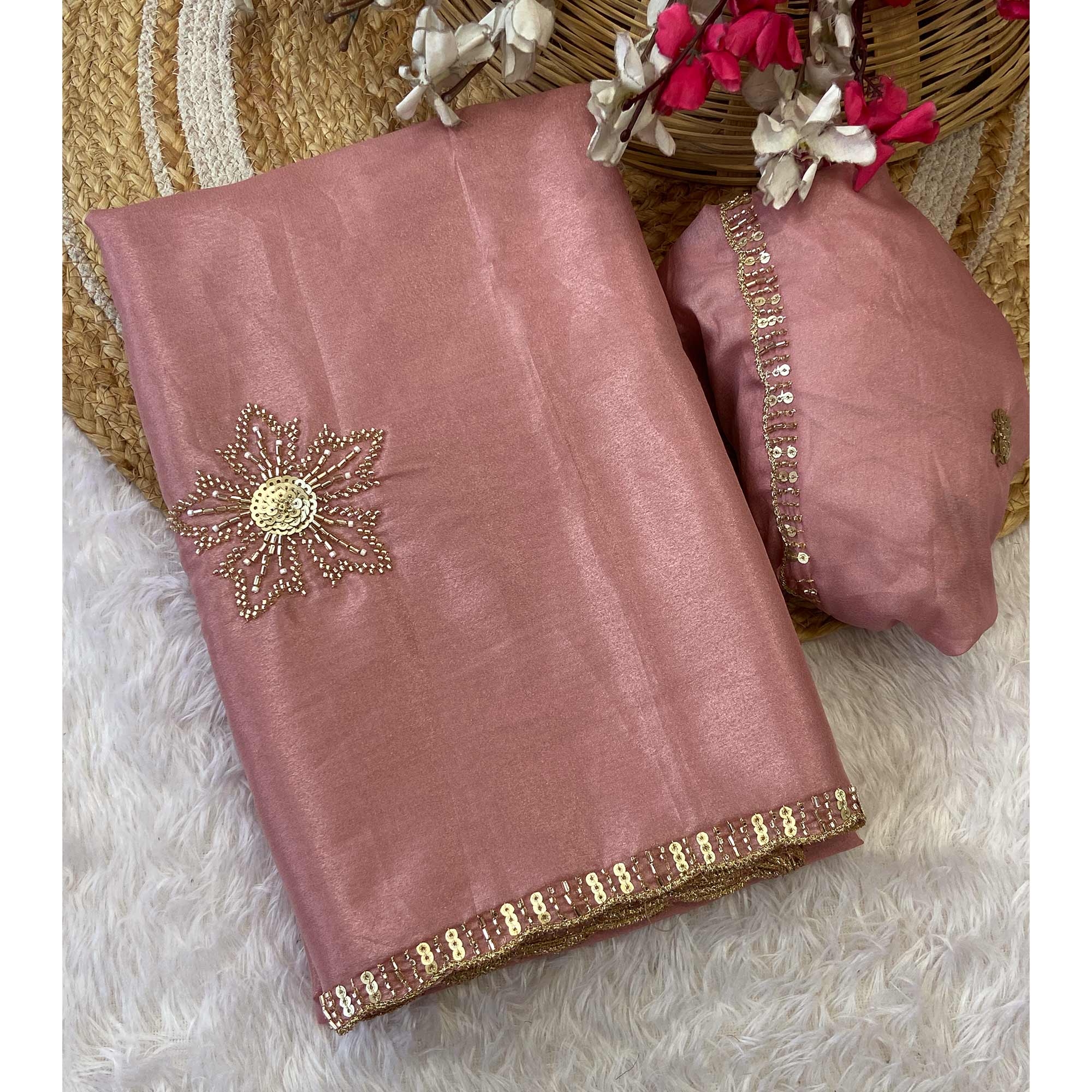 Peach Partywear Saree in Crepe with Intricate Stone Work