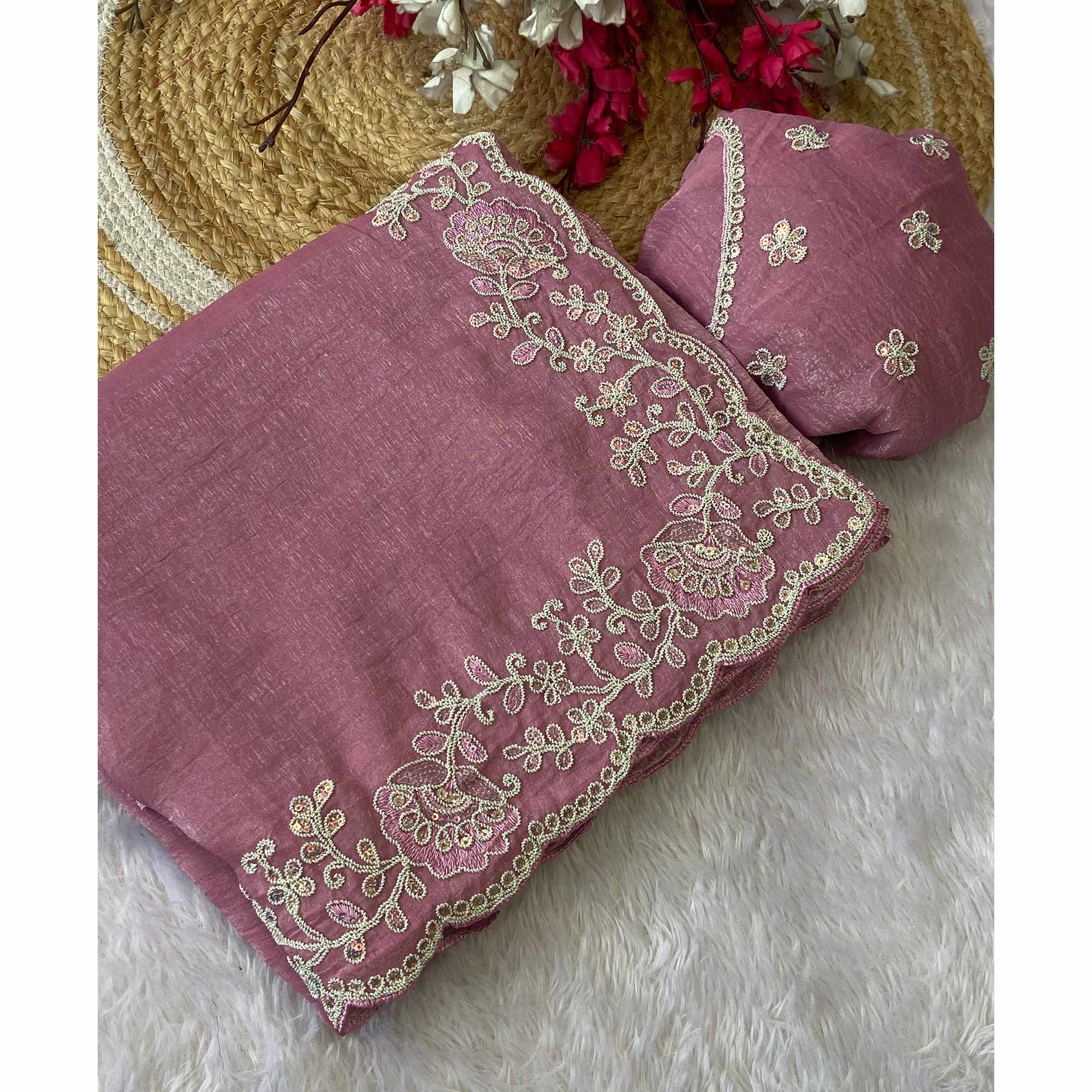 Designer Dusty Pink Crunchy Texture Tissue Saree with Embroidered Highlights