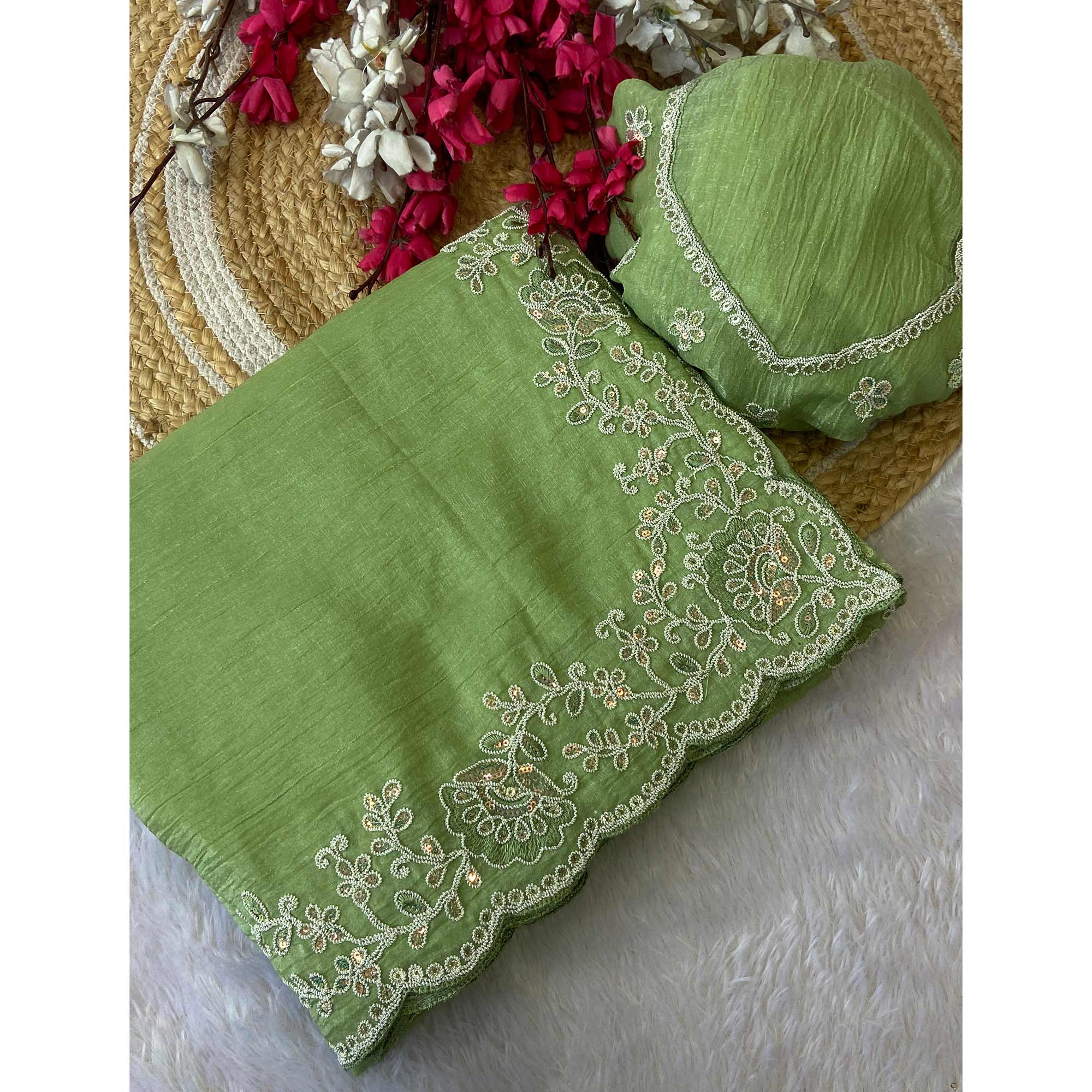 Designer Green Crunchy Texture Tissue Saree with Embroidered Highlights