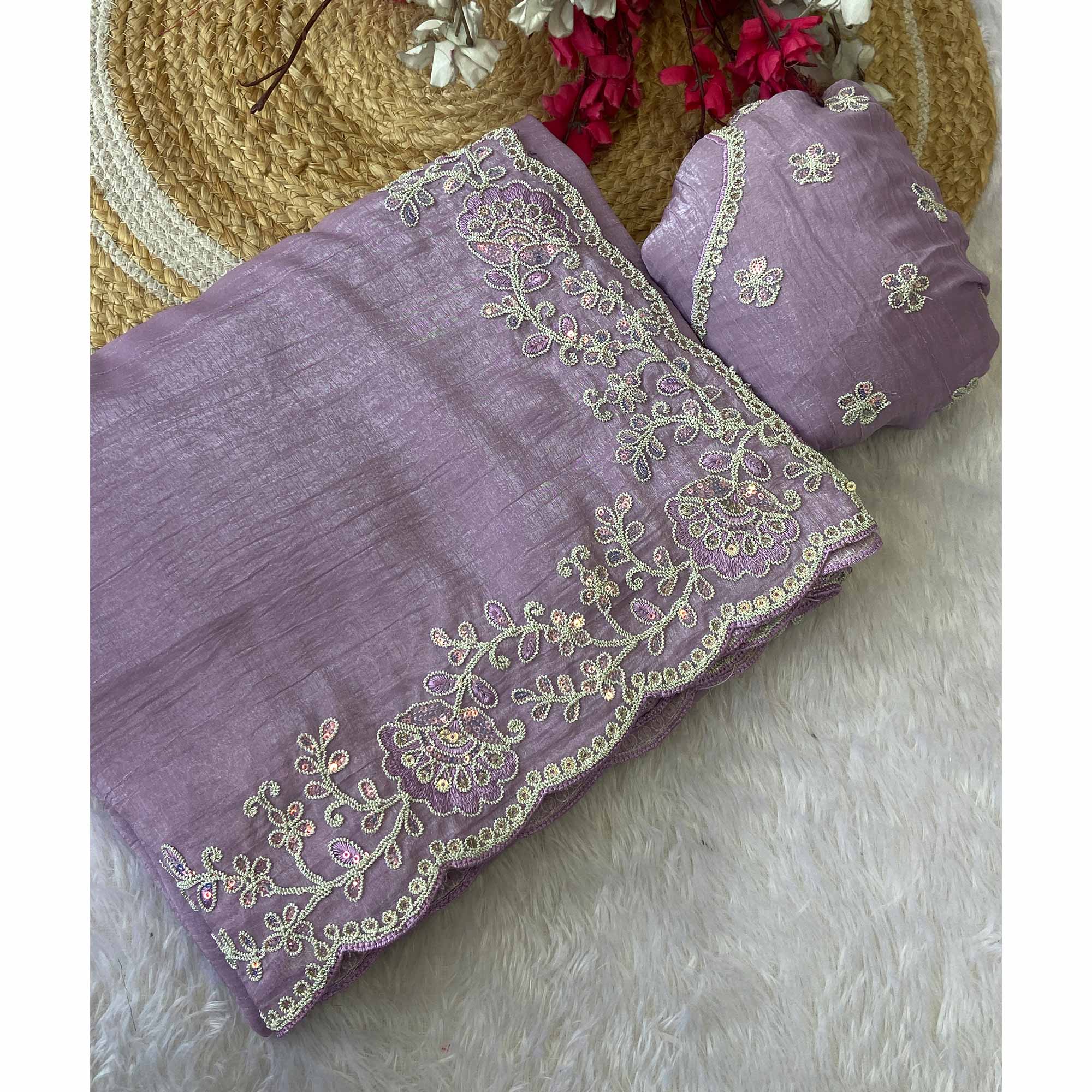 Designer Lavender Crunchy Texture Tissue Saree with Embroidered Highlights