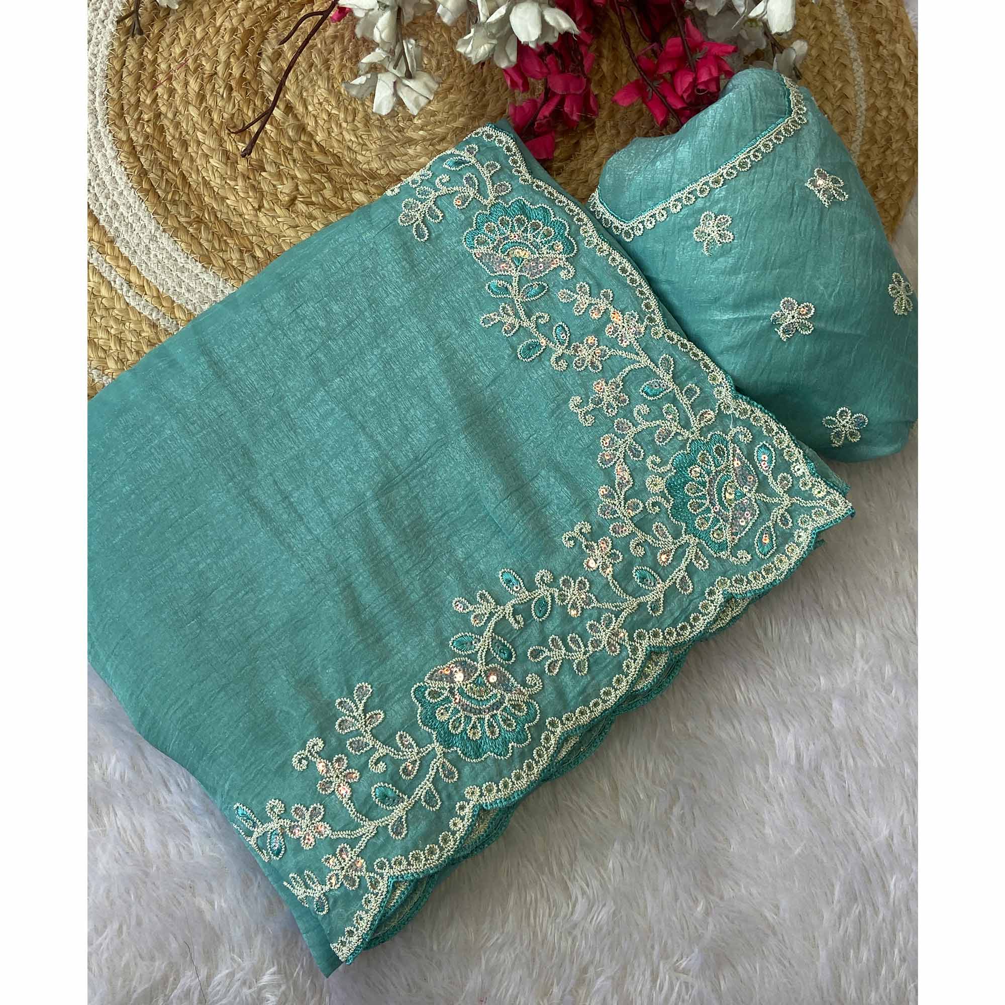 Designer Sea Green Crunchy Texture Tissue Saree with Embroidered Highlights