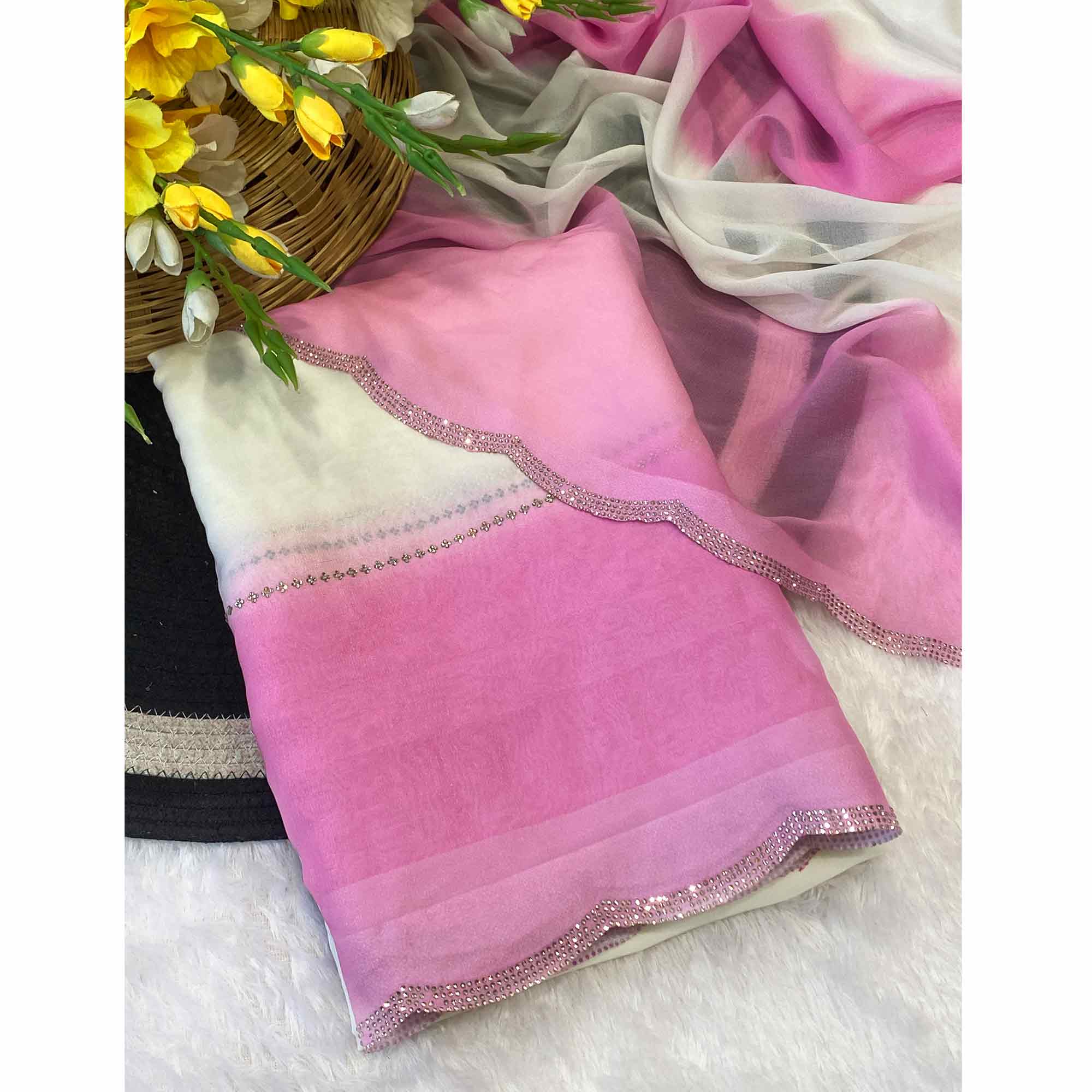 Pink Gradient Georgette Saree with Intricate Swarovski Crystal Star Motifs