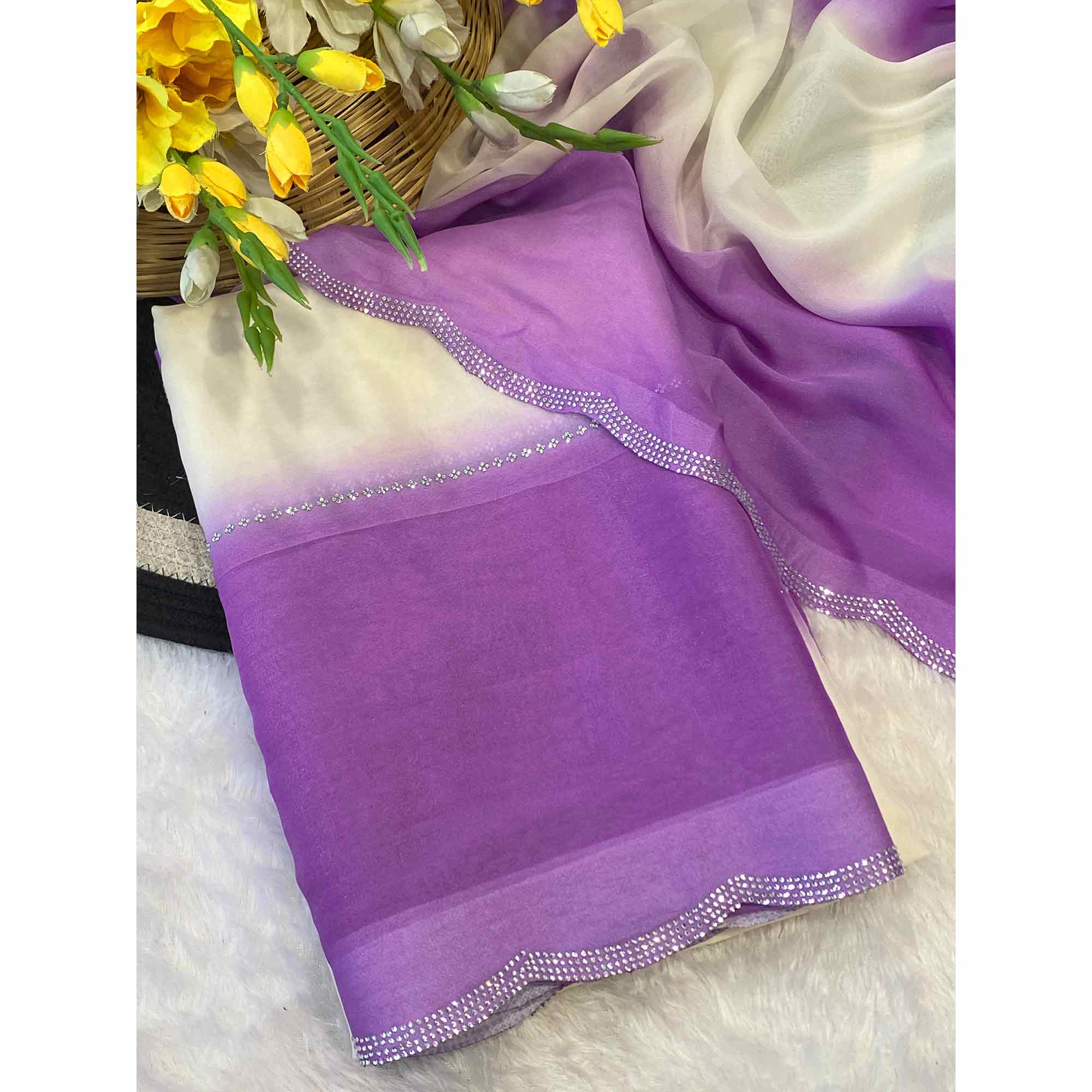 Purple Gradient Georgette Saree with Intricate Swarovski Crystal Star Motifs