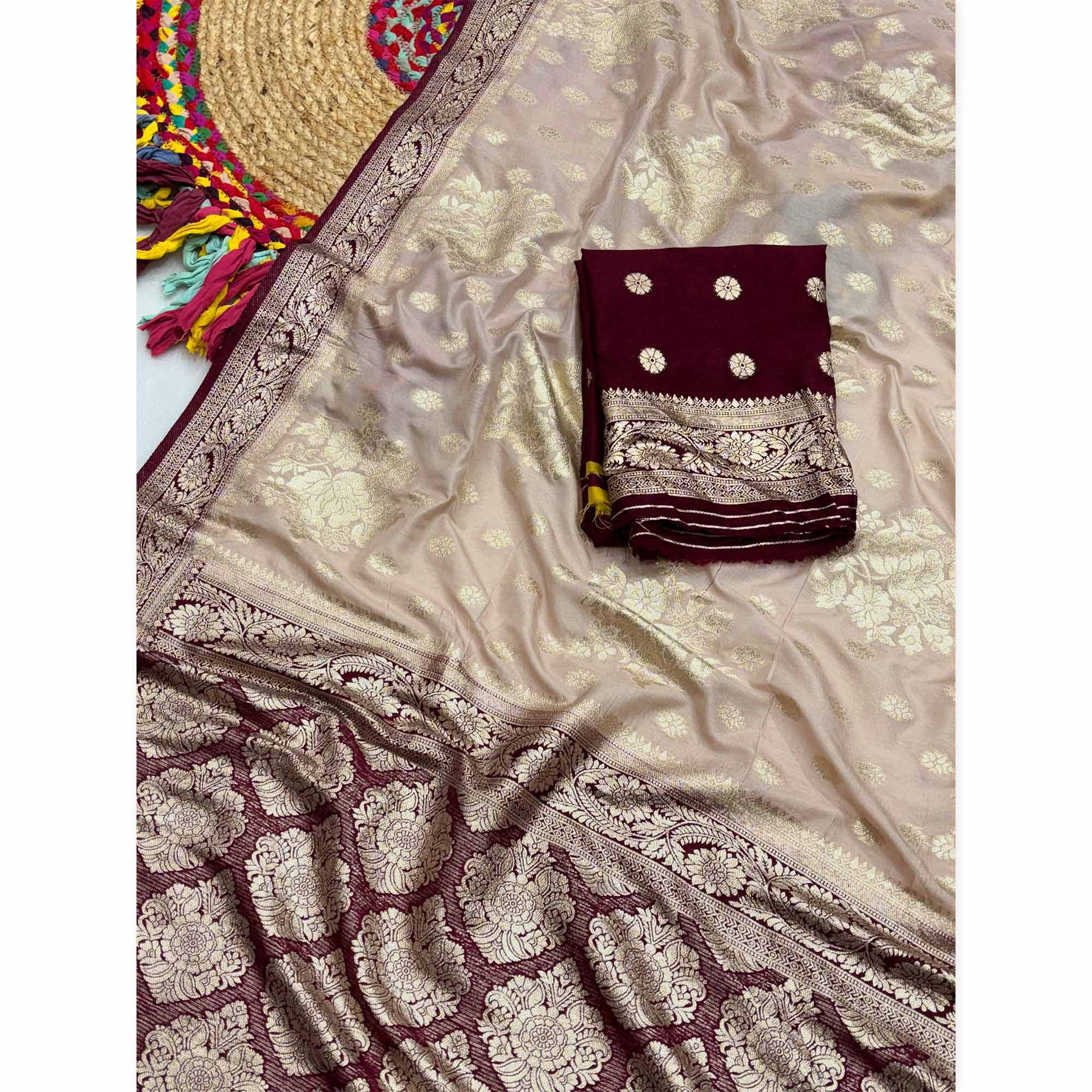 Beige Dola Silk Woven Saree with Allover Zari Butti Design