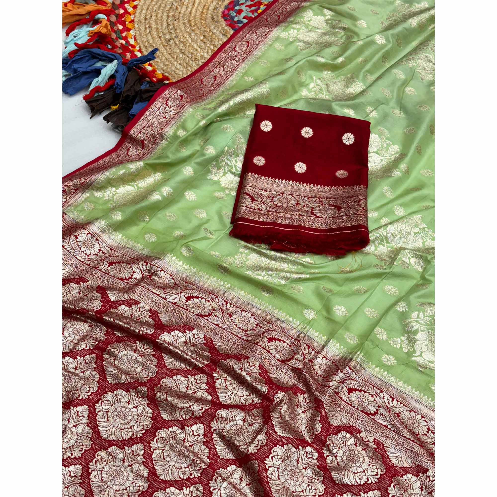 Green Dola Silk Woven Saree with Allover Zari Butti Design