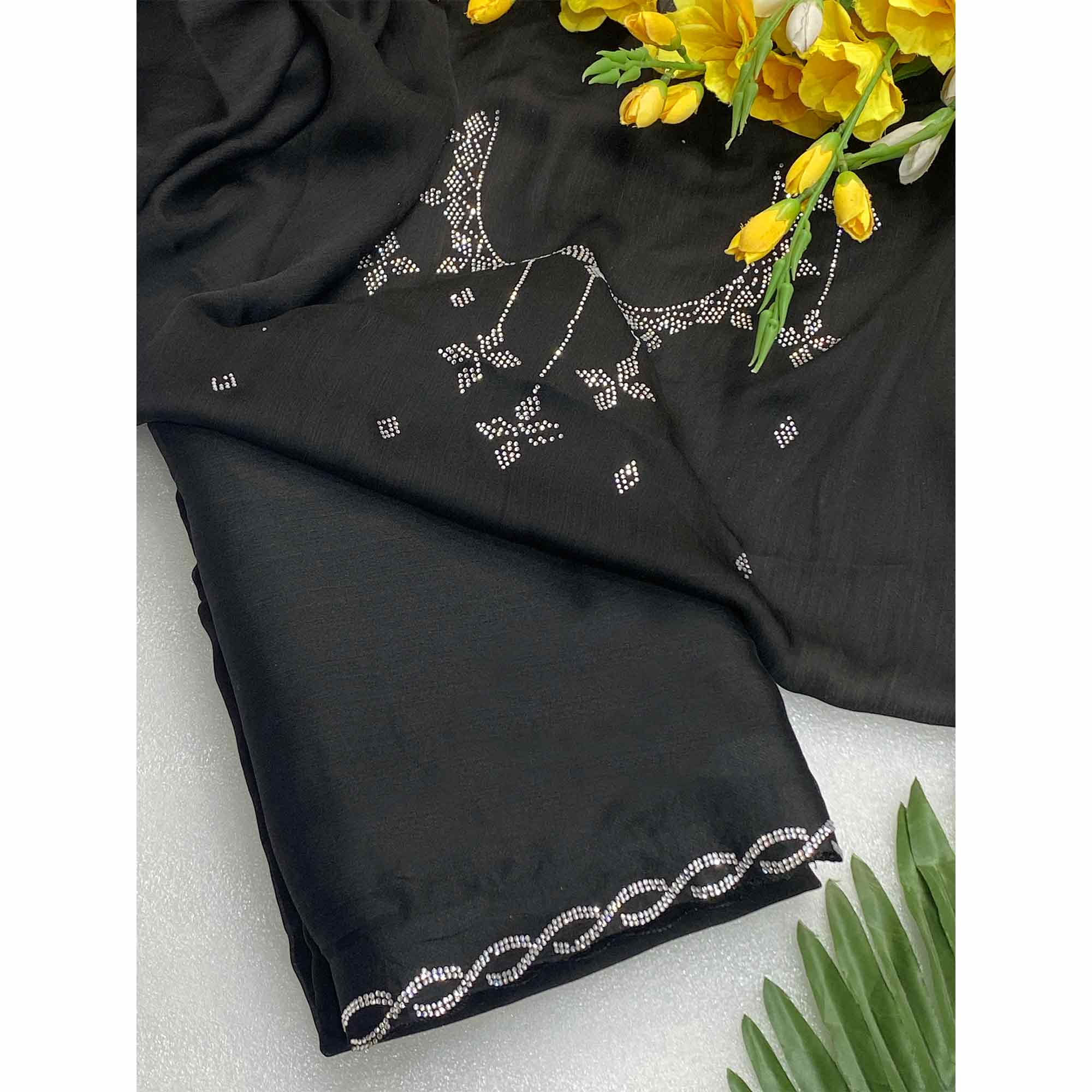 Black Embellished Chiffon Saree with Sparkling Swarovski Details