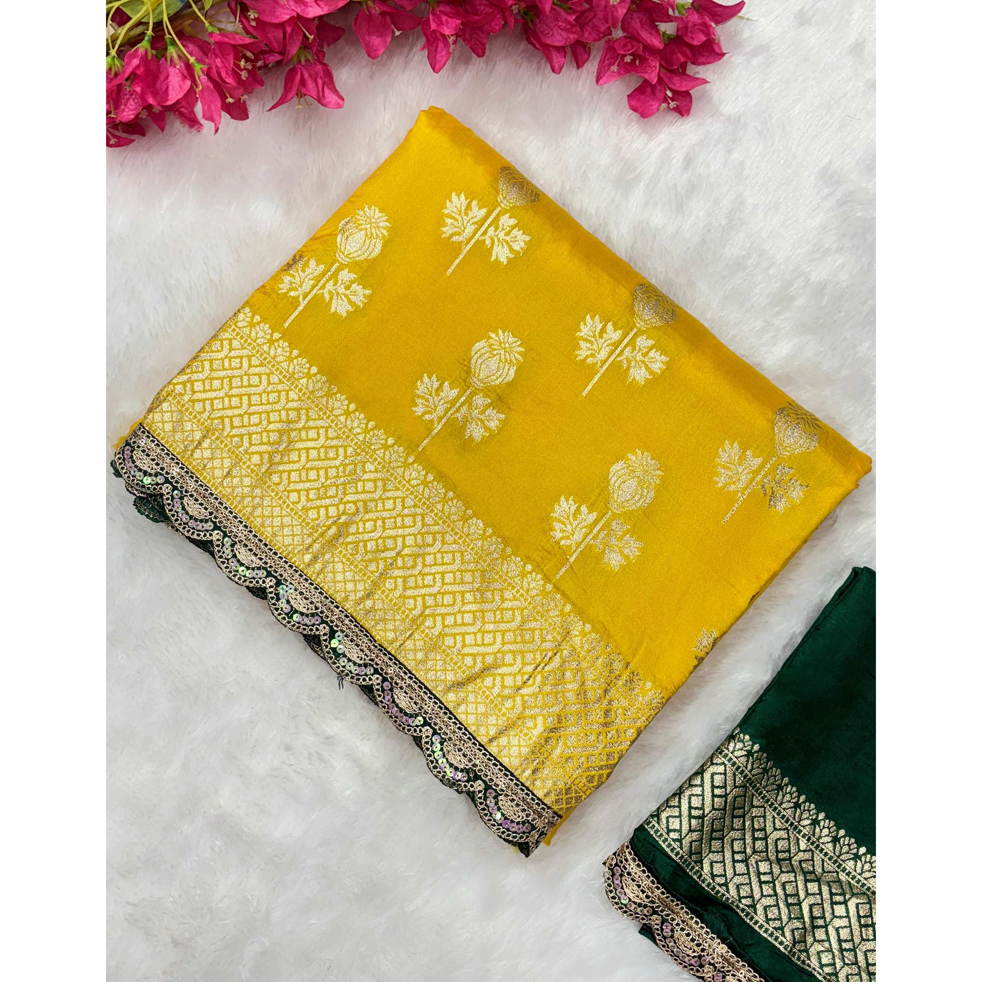 Regal Dola Silk Saree in Mustard Featuring Floral Weaves