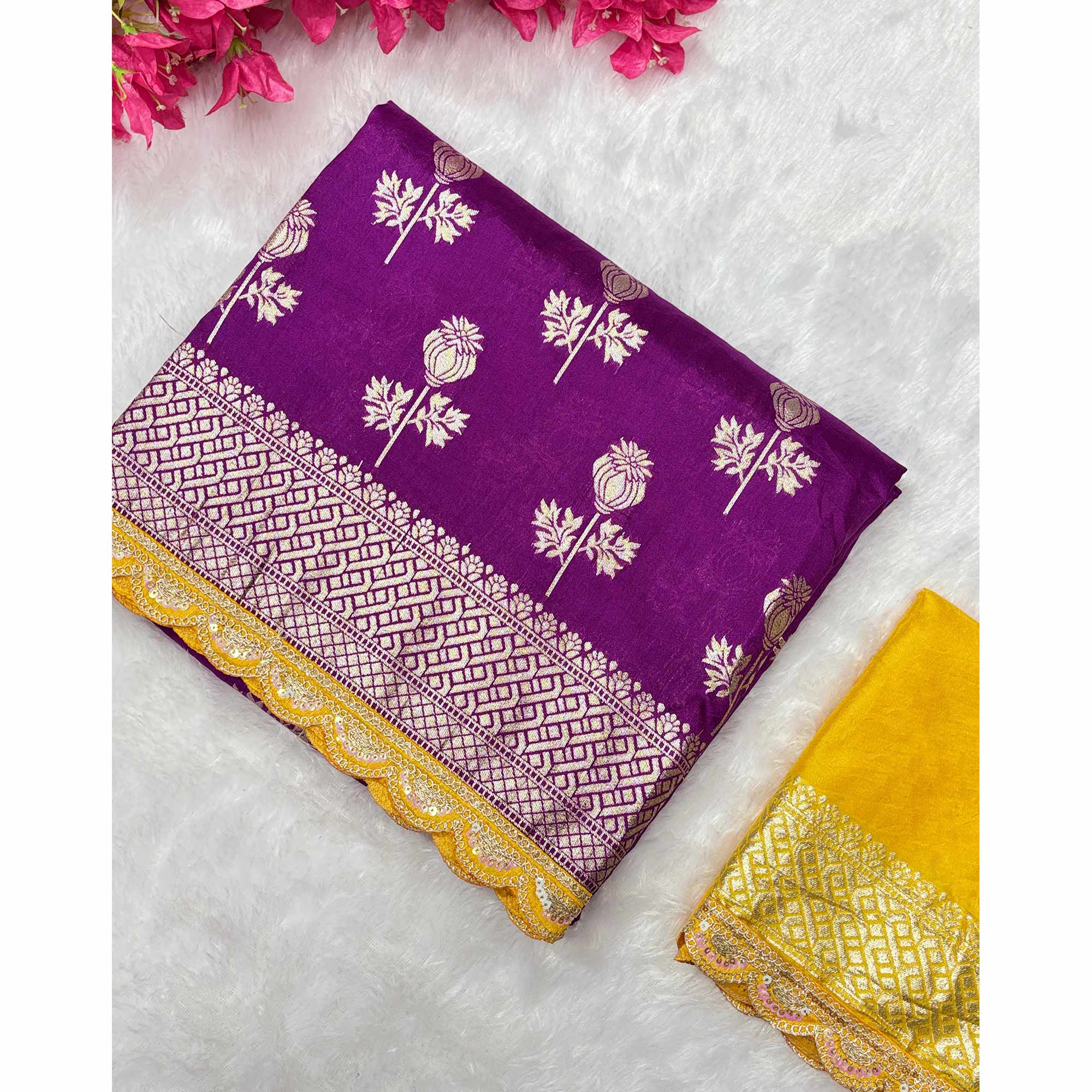 Regal Dola Silk Saree in Royal Purple Featuring Floral Weaves