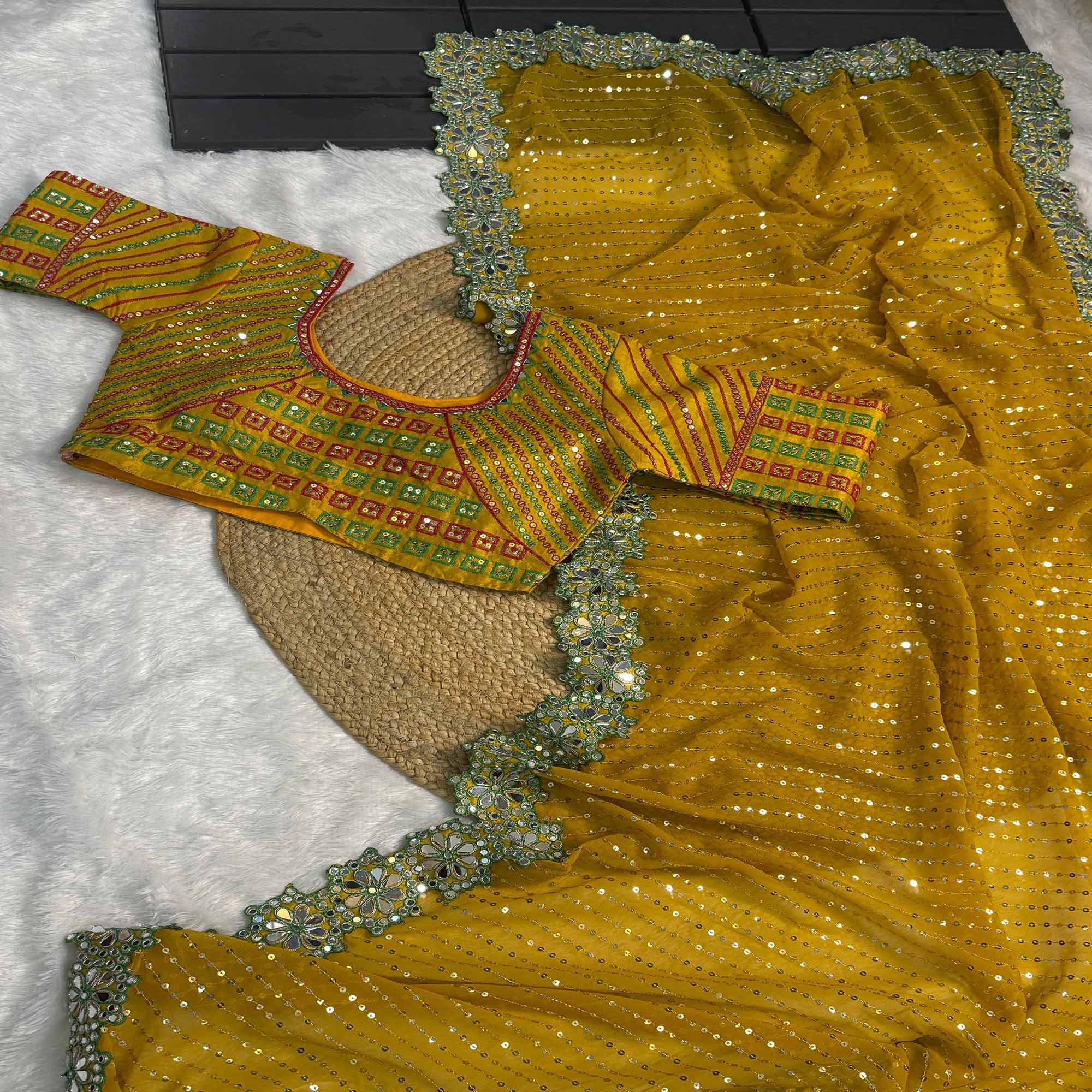 Embroidered Mustard Georgette Saree with Shimmering Mirror Accents