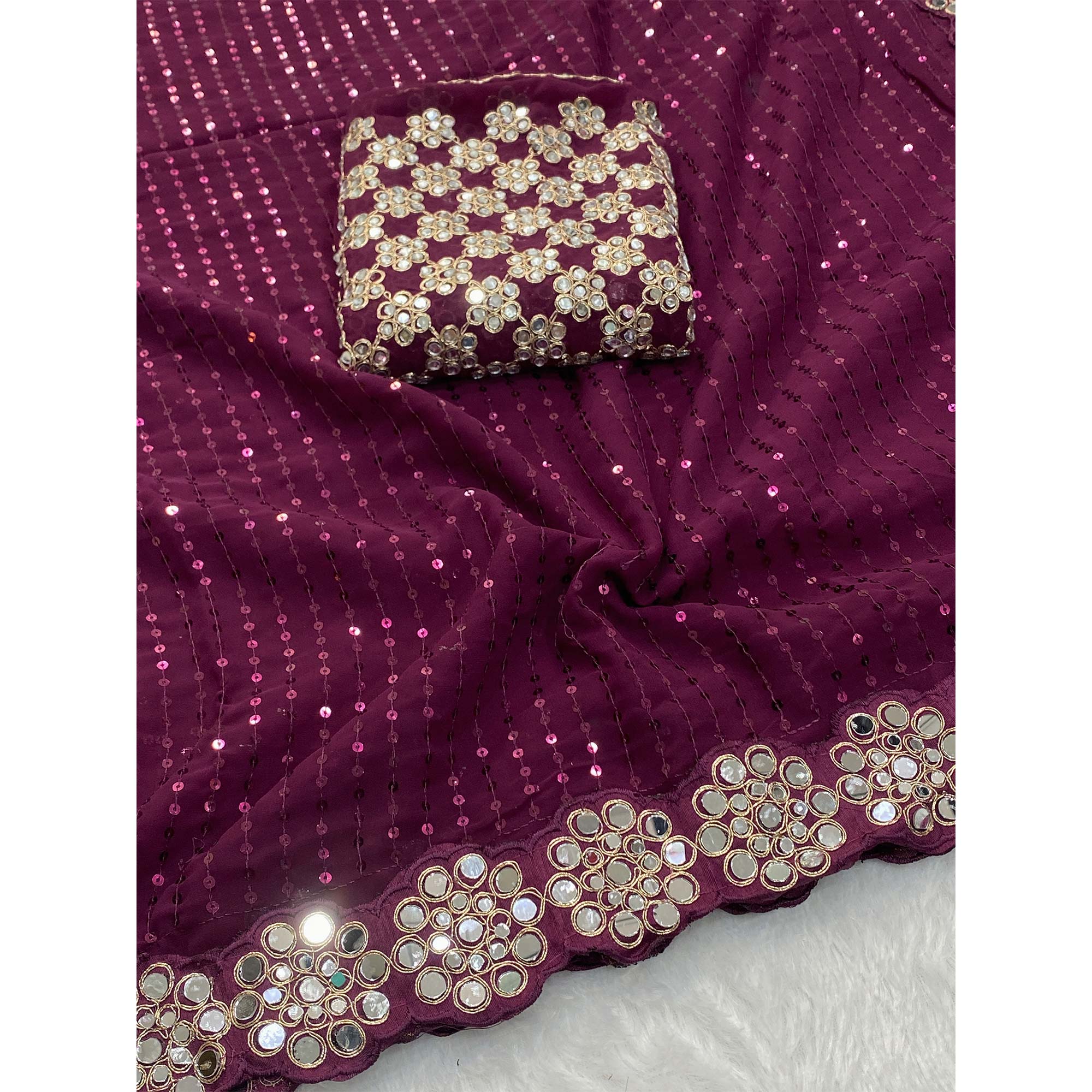 Stunning Wine Georgette Party Wear Saree Adorned with Heavy Sequins Embellishment