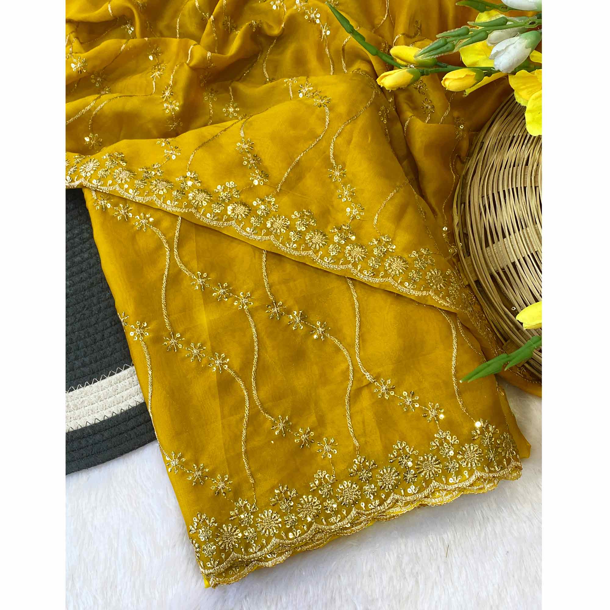 Mustard Silk Blend Saree with Intricate Thread Embroidery