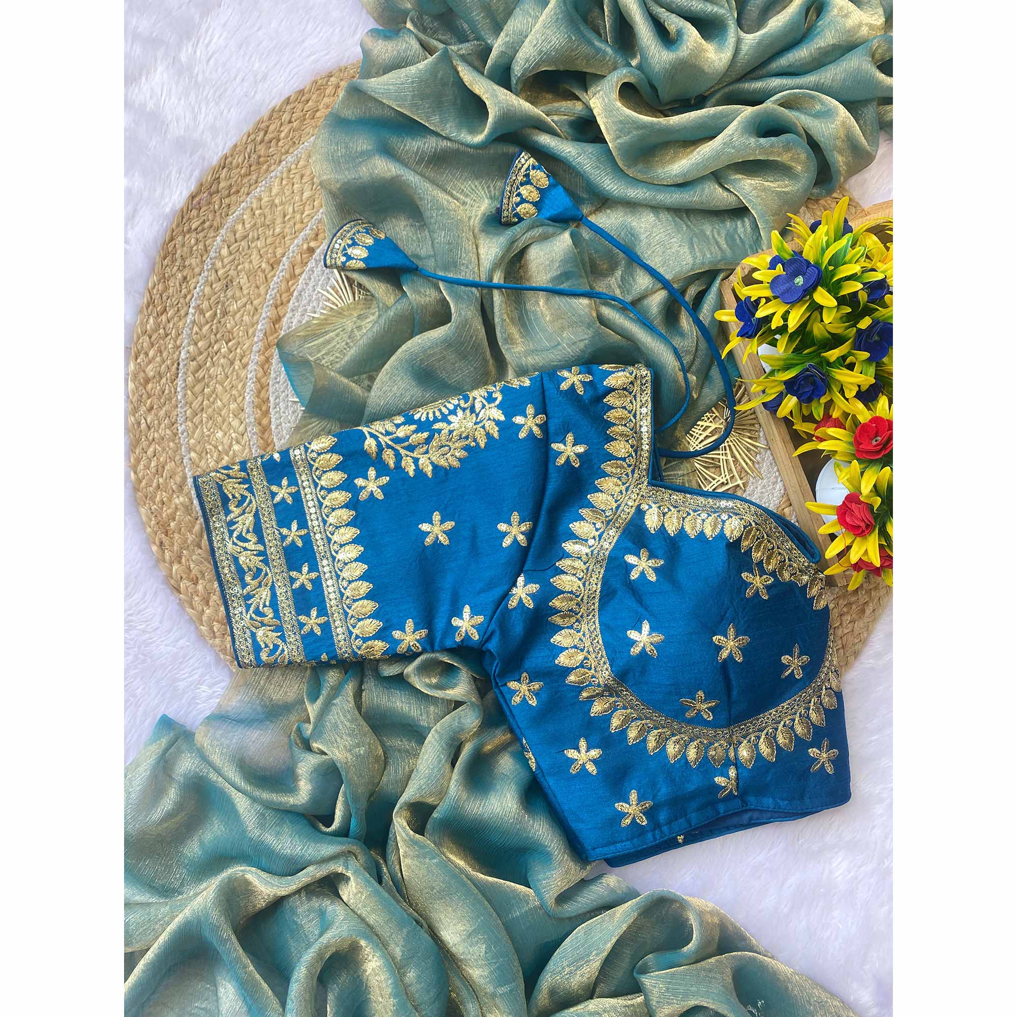 Shimmering Satin Saree with Two-Tone Sea Green Hues
