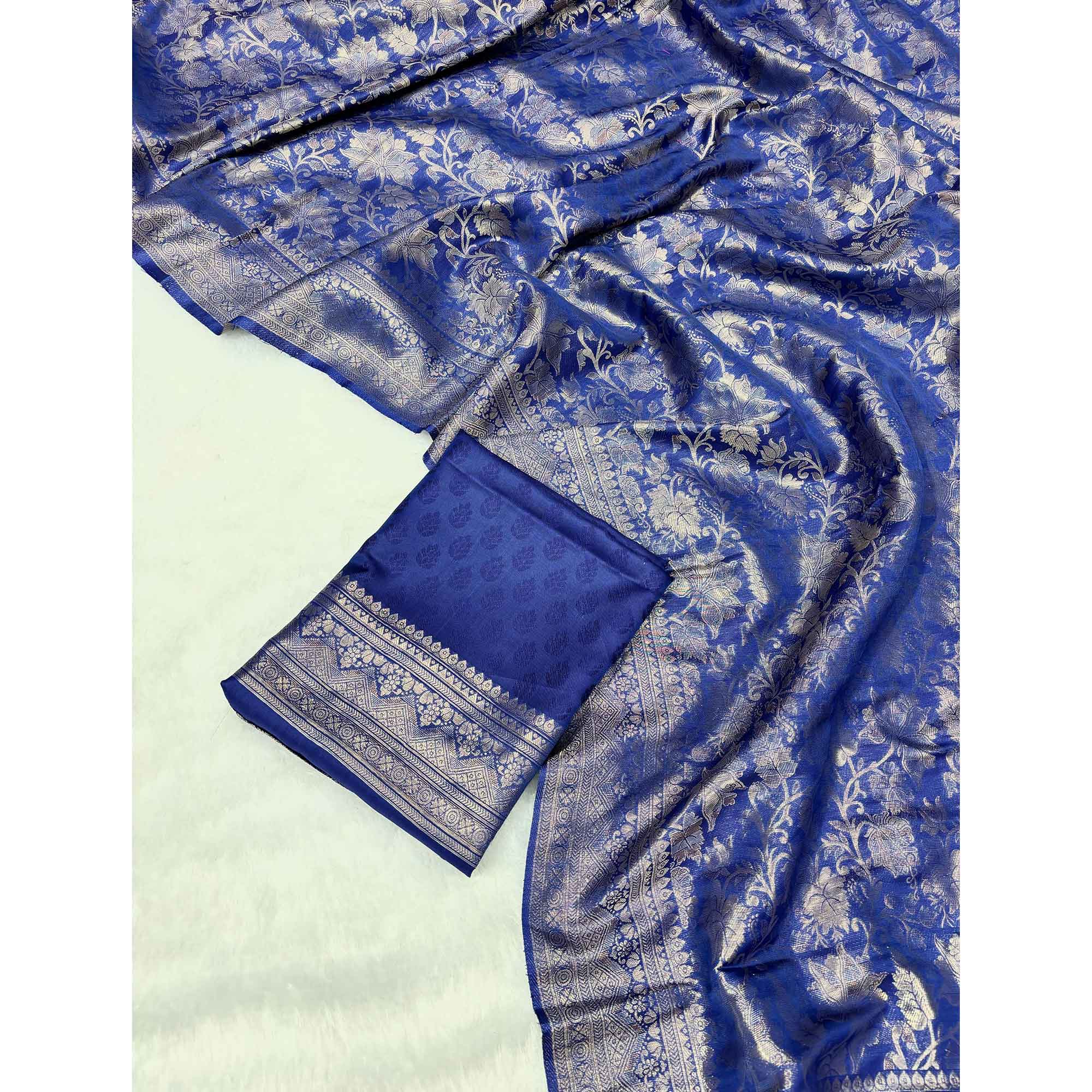 Blue Floral Woven Saree in Premium Pure Silk