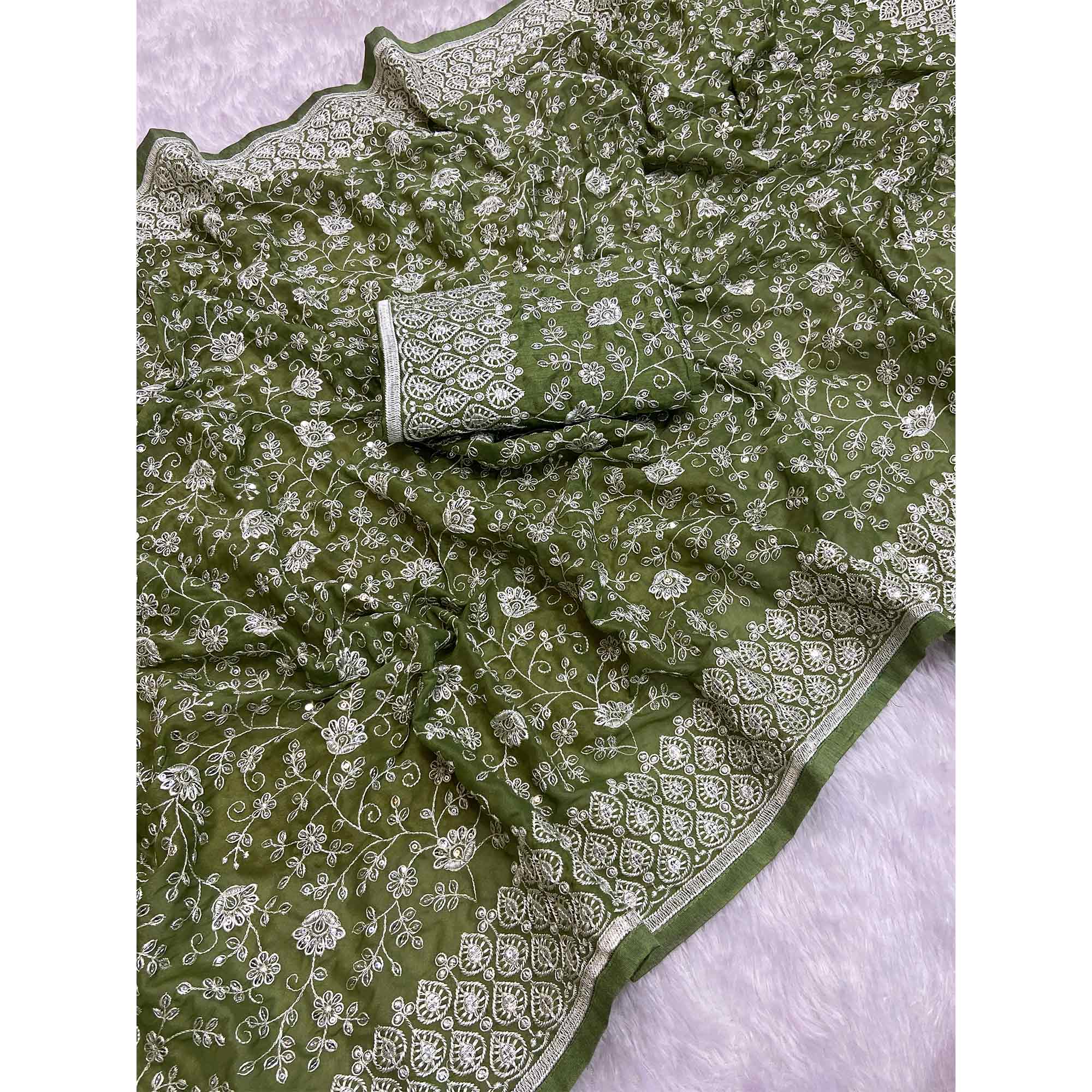 Green Georgette Saree With Sparkling Sequins & Delicate Floral Embroidery