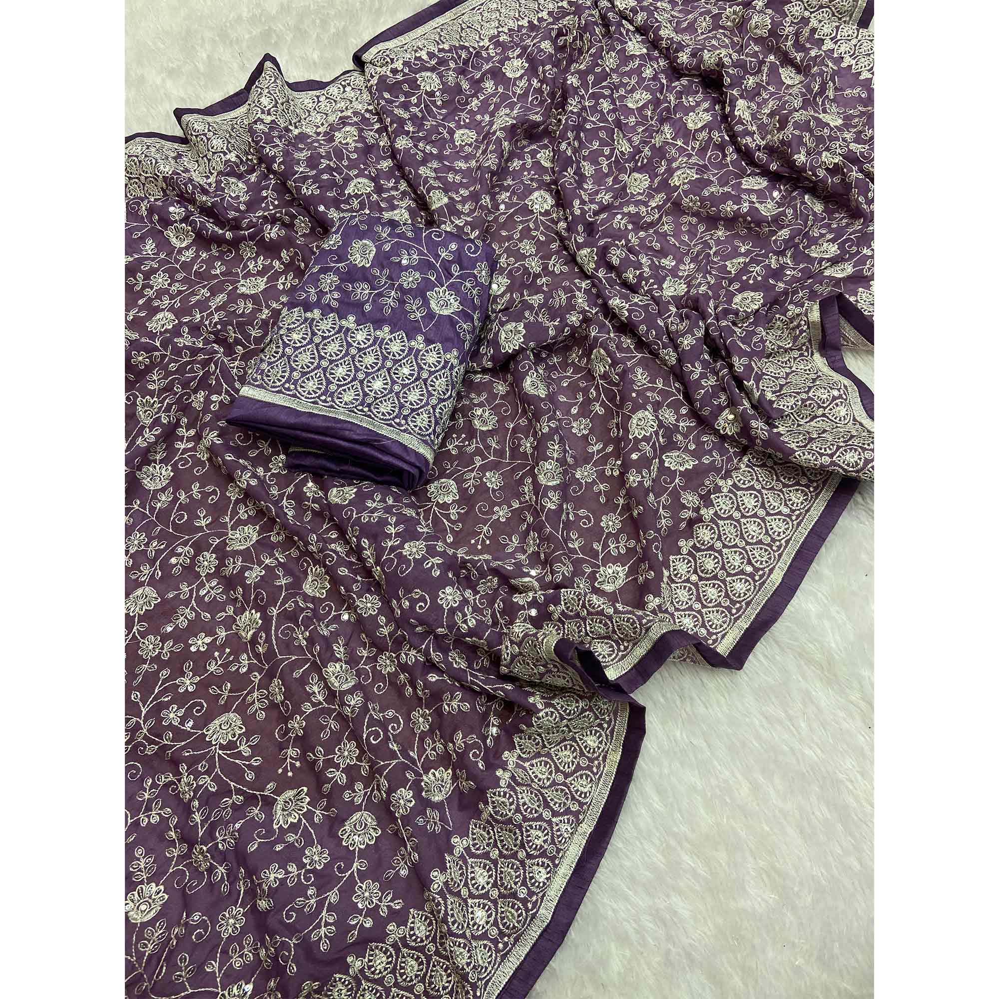 Lavender Georgette Saree With Sparkling Sequins & Delicate Floral Embroidery