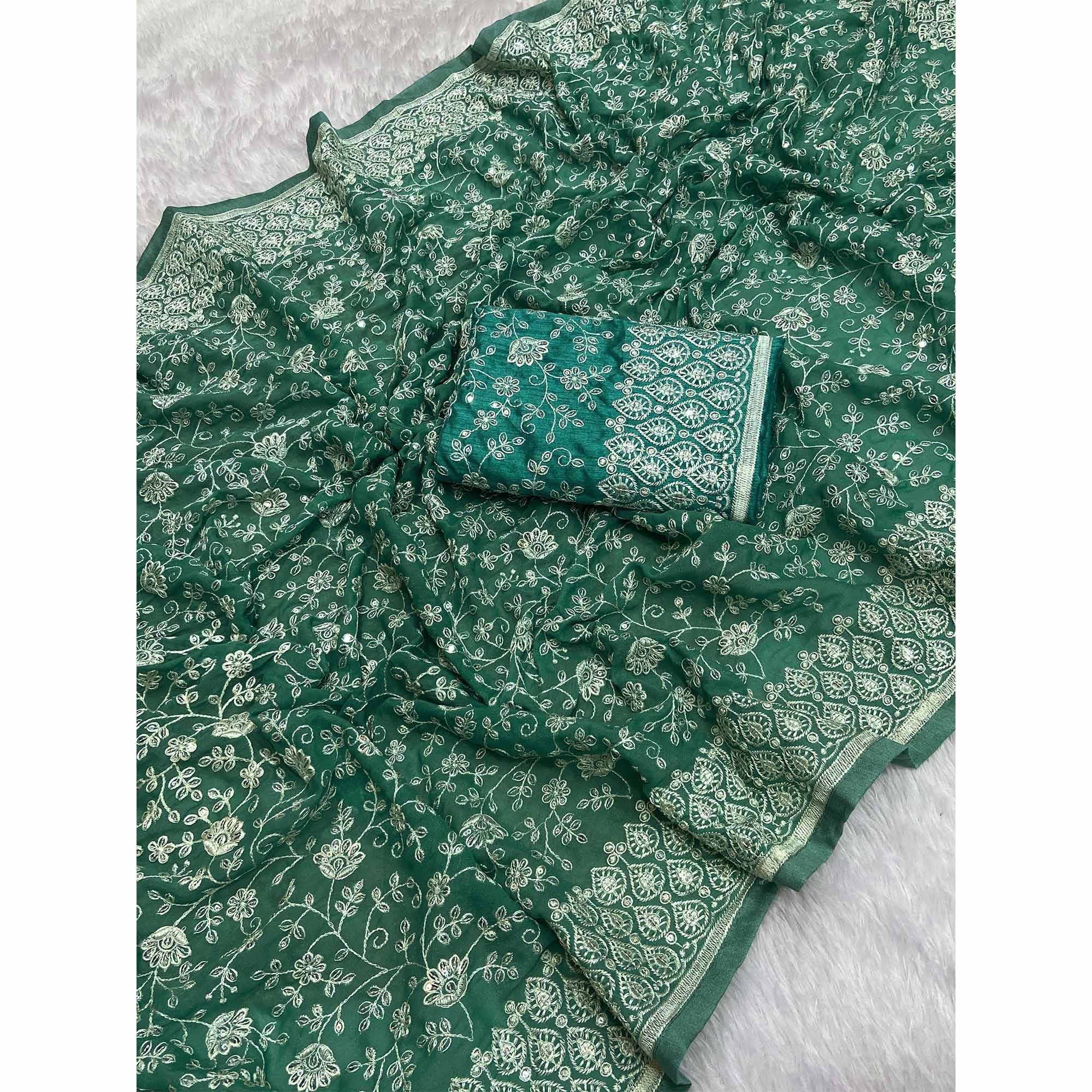 Rama Green Georgette Saree With Sparkling Sequins & Delicate Floral Embroidery