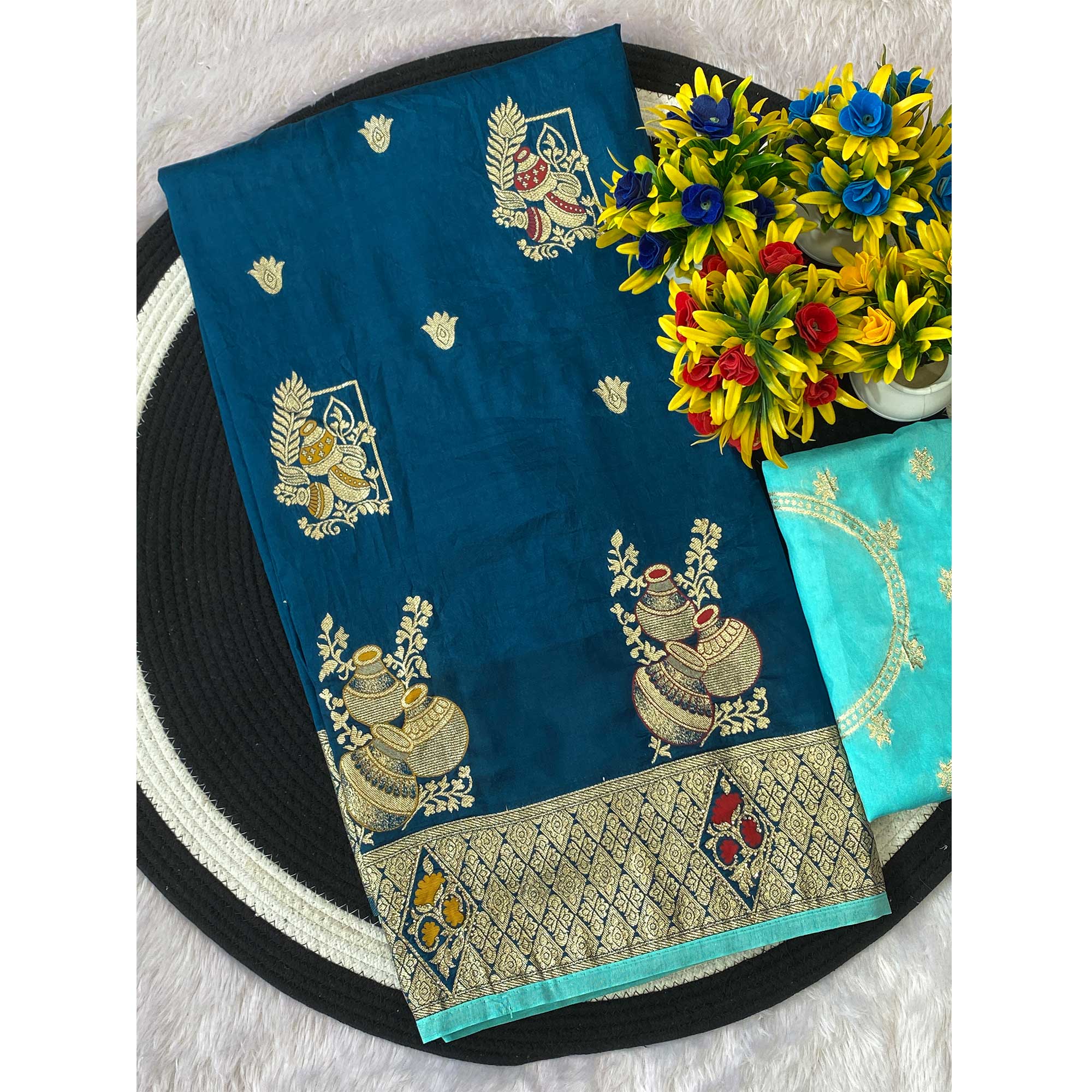 Blue Dola Silk Saree With Intricate Floral Zari Weaving Elegance